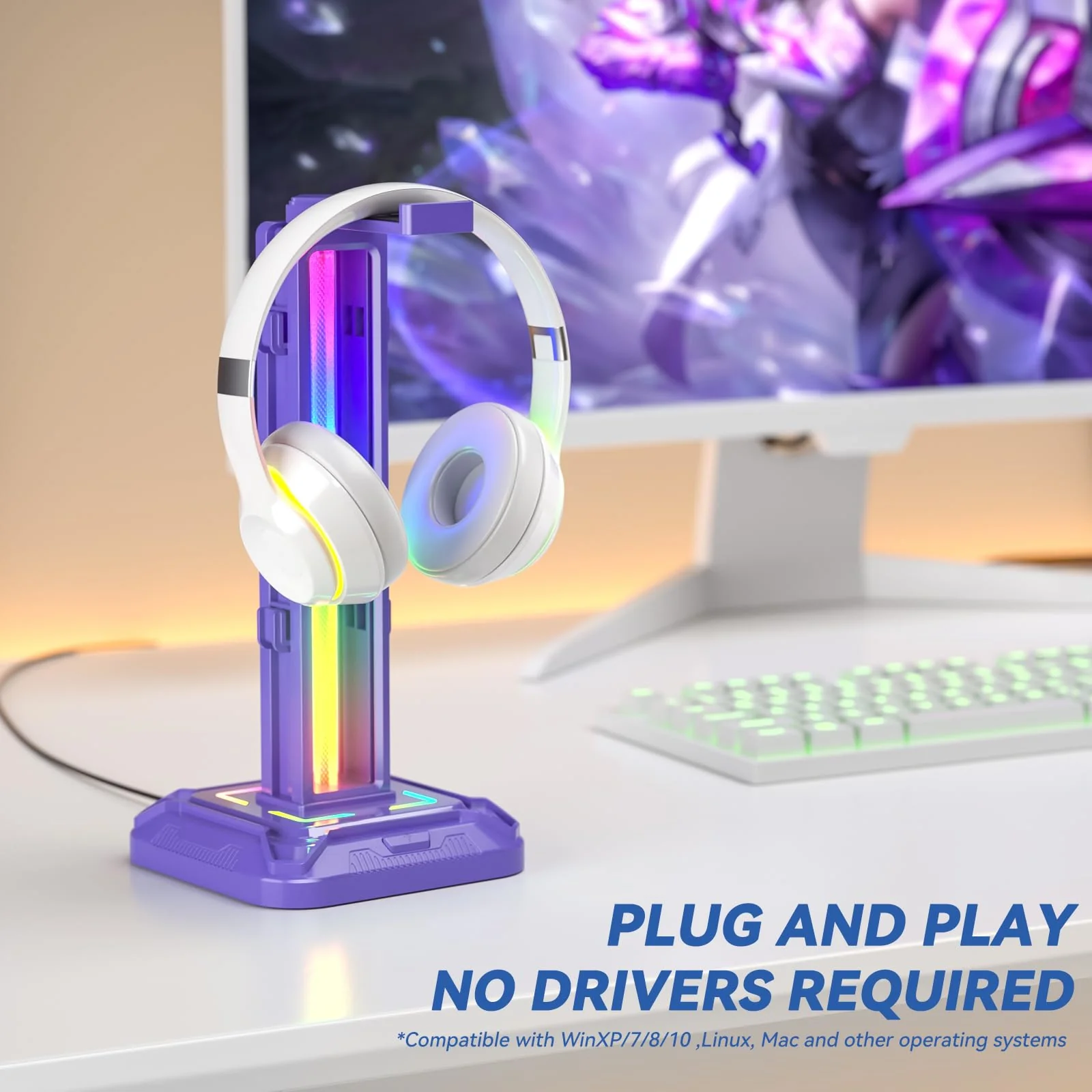 KDD RGB Headset Stand with 9 Light Modes - Controller Holder for Desk - Rotatable Headphone Stand & Detachable Controller Hook for PC Earphone Accessories(Purple) Purple - Image 2
