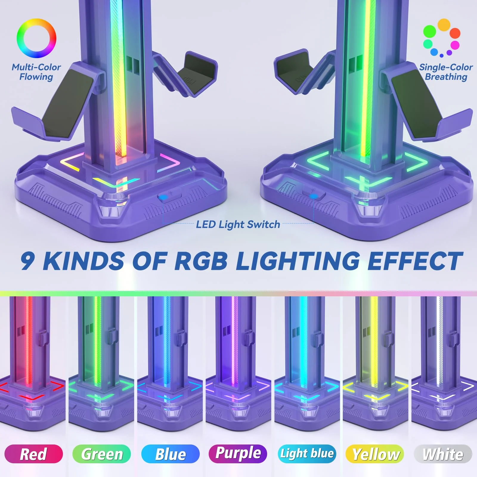 KDD RGB Headset Stand with 9 Light Modes - Controller Holder for Desk - Rotatable Headphone Stand & Detachable Controller Hook for PC Earphone Accessories(Purple) Purple - Image 3