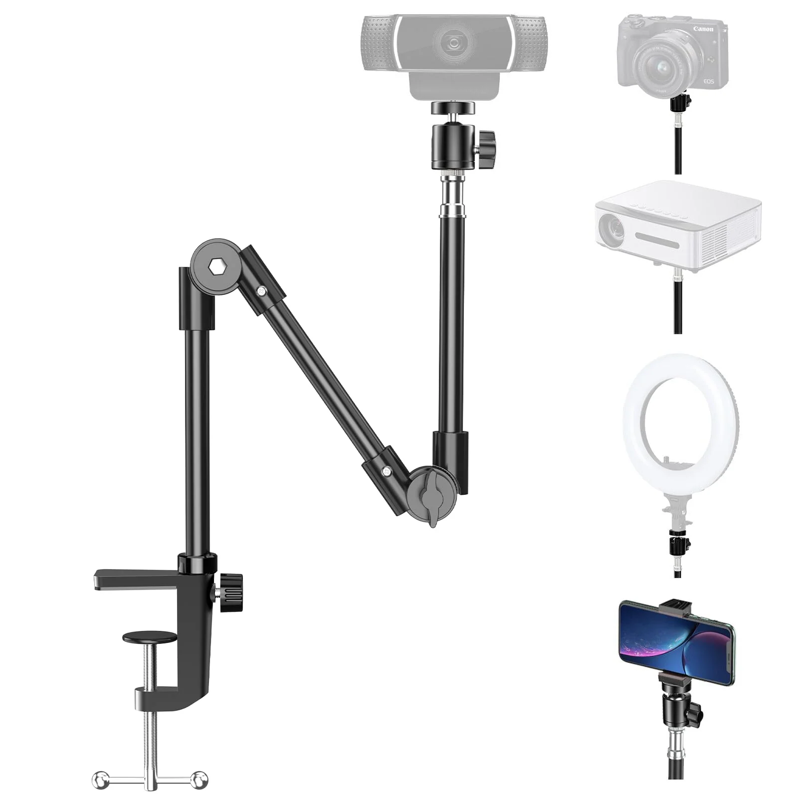 KDD Webcam Stand Camera Mount with Phone Holder, 22 Inch Foldable Flexible Gooseneck Cell Phone Clamp & Table Projector Mount, for Logitech C922 C930e C920S C920 C960 Brio 4K, Gopro Hero 8 7 6 5 Large
