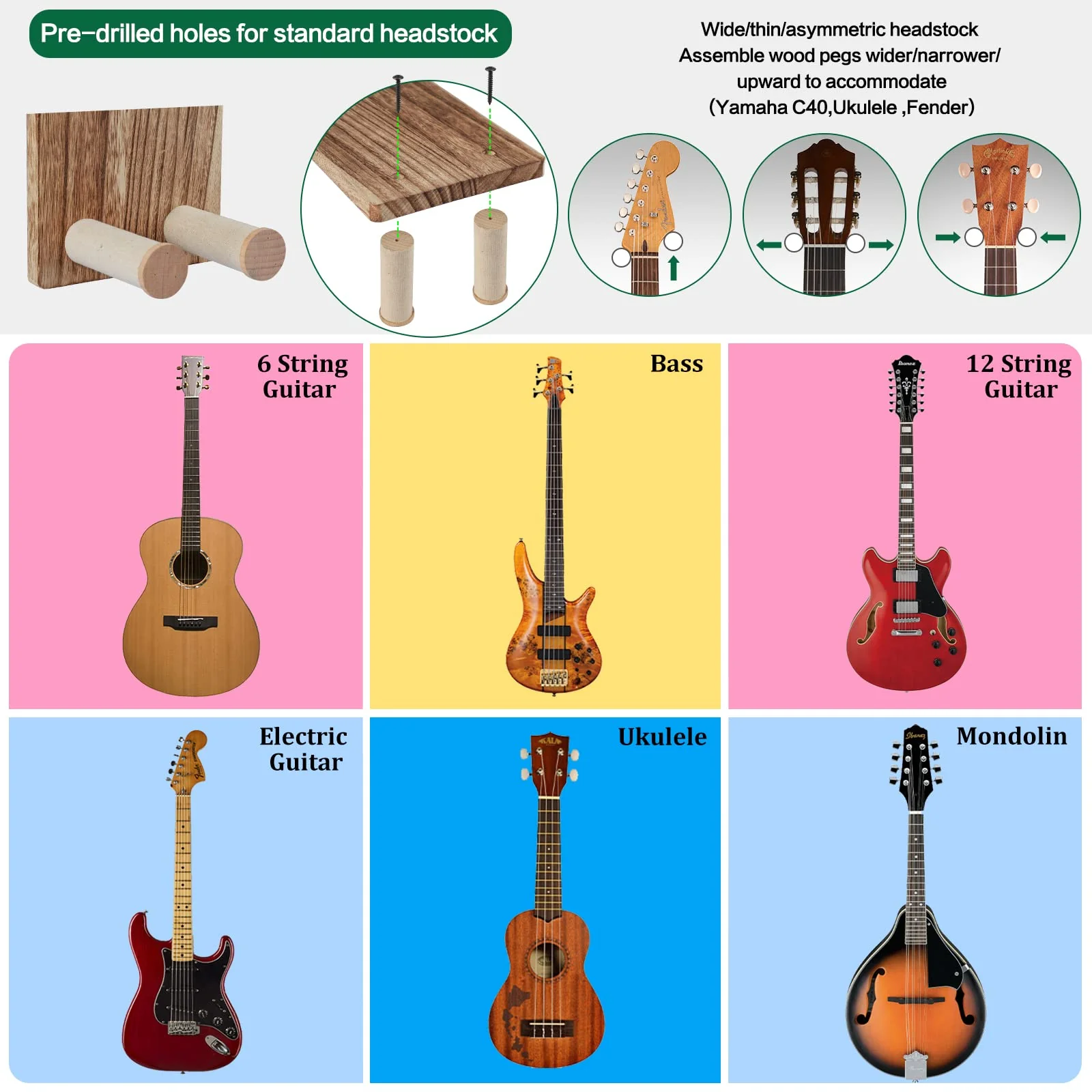 Keebofly 2-Pack Guitar Wall Mount Hanger with Shelf & Pick Holder - Wood Wall Hook for Acoustic, Electric, Bass Guitars, Ukulele (Screw-Mounted, Brown) [Patented] - Image 4