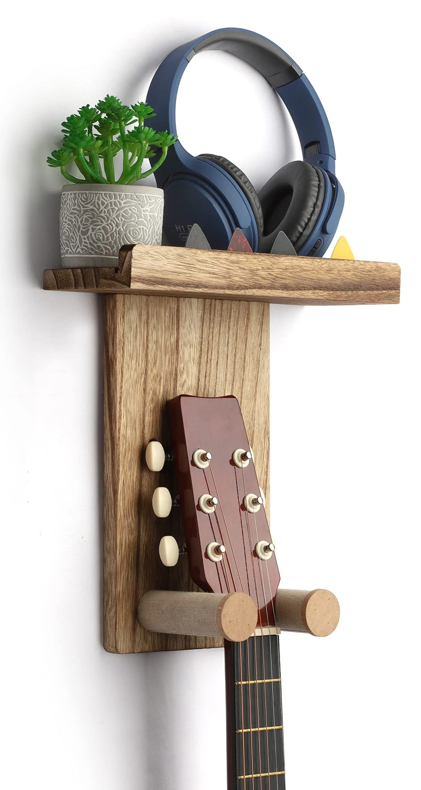 Keebofly Guitar Wall Mount Hanger with Rustic Wood Shelf- Single Pack, Wall Hook Rack for Acoustic/Electric Guitars, Bass & Ukulele, (Brown,Patented) 1 Single Pack_Brown