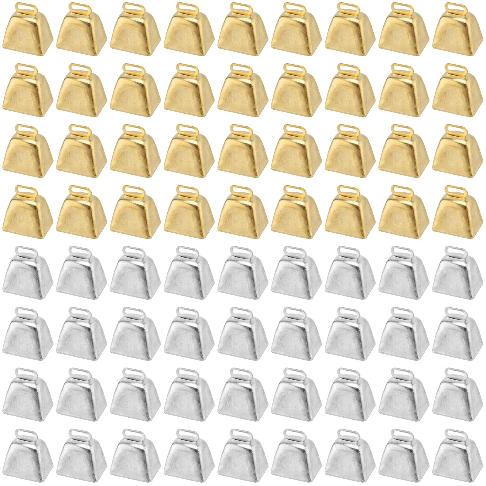 KEILEOHO 72 PCS Mini Cow Bells, Metal Cowbell for Crafts, Wind Chimes, Wedding, Parties Decorations, Gold and Silver, 1 Inch