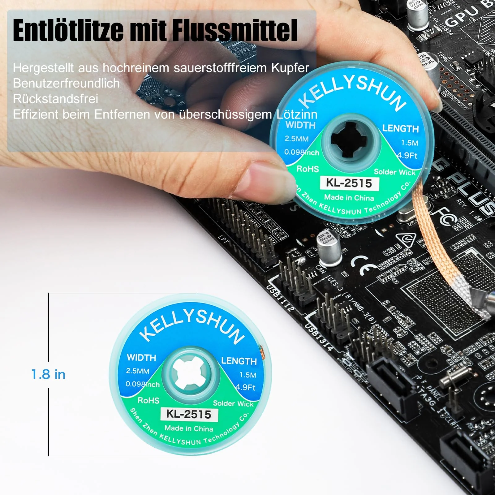KELLYSHUN NC-559 Flux Soldering, 100 g, No-Clean Lead-Free Rosin Flux (Pack of 1), 2.5 mm / 1.5 m Desoldering Braid (1 Piece), Suitable for SMD, BGA, PCB, Household Appliance Repairs - Image 3