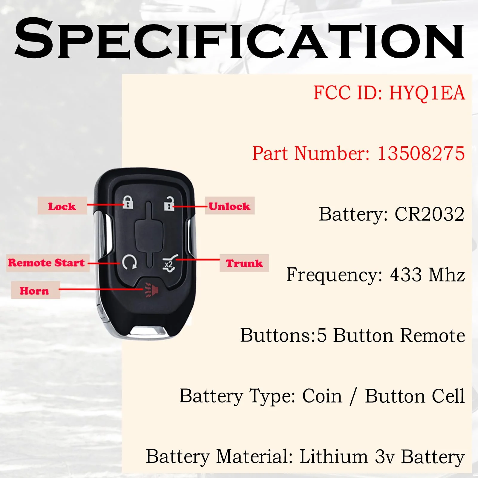 Key Fob Replacement Fits for GMC Acadia 2017 2018 2019 2020 2021 Push Start 5 Button Smart Proximity Keyless Entry Remote Start Control 13508275 HYQ1EA Self-Programmable - Image 3