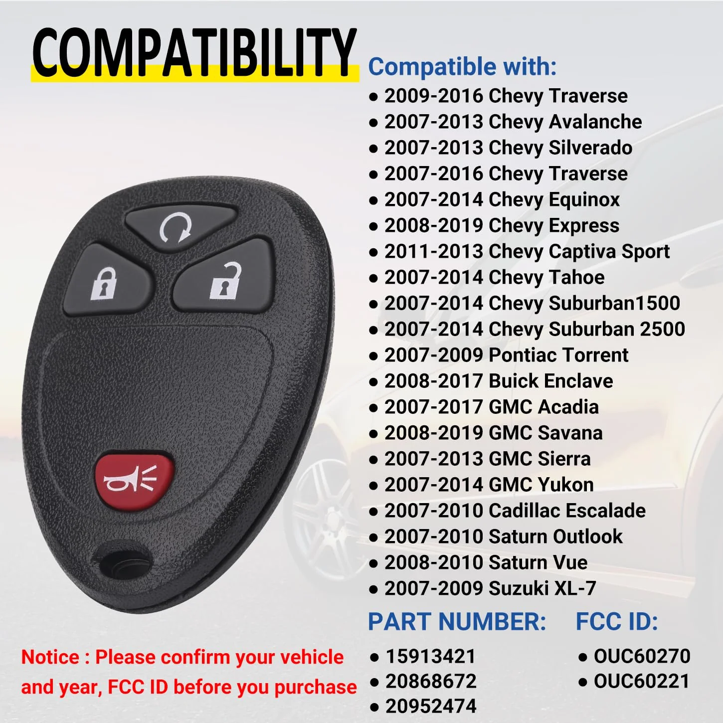 Key Fob Replacement for 2007-2014 Chevy Silverado Suburban Avalanche Tahoe Equinox Traverse Escalade/ 07-13 Gmc Sierra Yukon XL Savana Acadia/ 08-16 Buick Enclave/ 07-10 Saturn Outlook Vue - Image 2