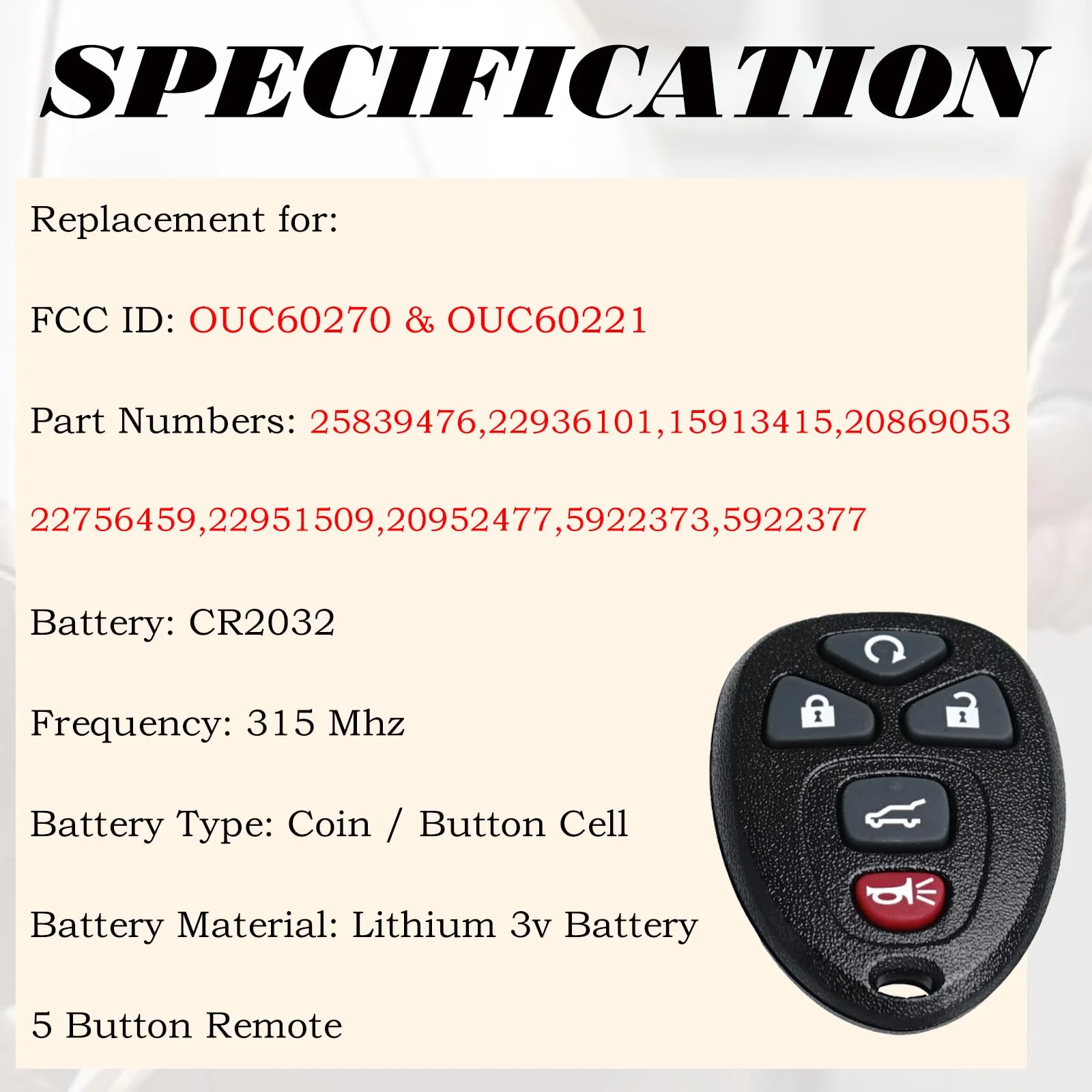Keyless Entry Remote Control Key Fob Replacement Fits for Chevy Traverse 2007-2016 Tahoe Suburban GMC Acadia Yukon XL Buick Enclave Cadillac Escalade Saturn Outlook OUC60270 OUC60221 15913415 - Image 3