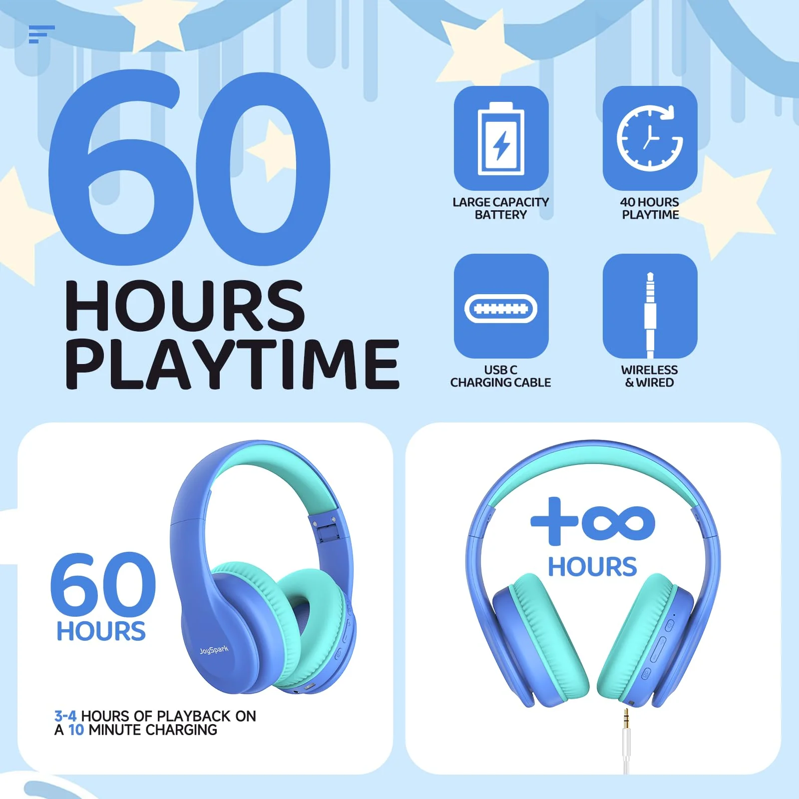 Kids Bluetooth Headphones, Lightweight Kids Wireless Headphones for Kids, 85/94dB Volume Limited, 60 Hours Playtime, Bluetooth 5.3, Over-Ear Toddler Headphones with Built-in Mic-Blue Blue - Image 4