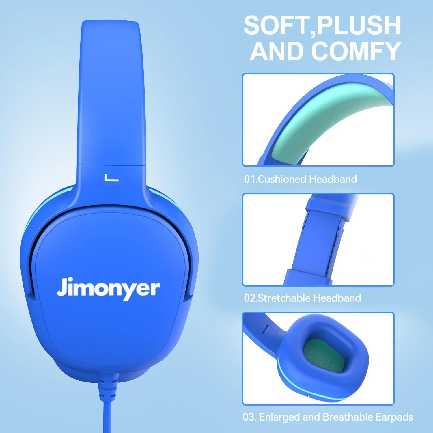 Kids Headphones for School, 3.5mm Jack Wired Headphones for Kids with Safe Volume Limiter, HD Stereo Sound On-Ear Girls Boys Toddler Headphones for Tablet, iPad, Kindle(Blue) Blue - Image 3