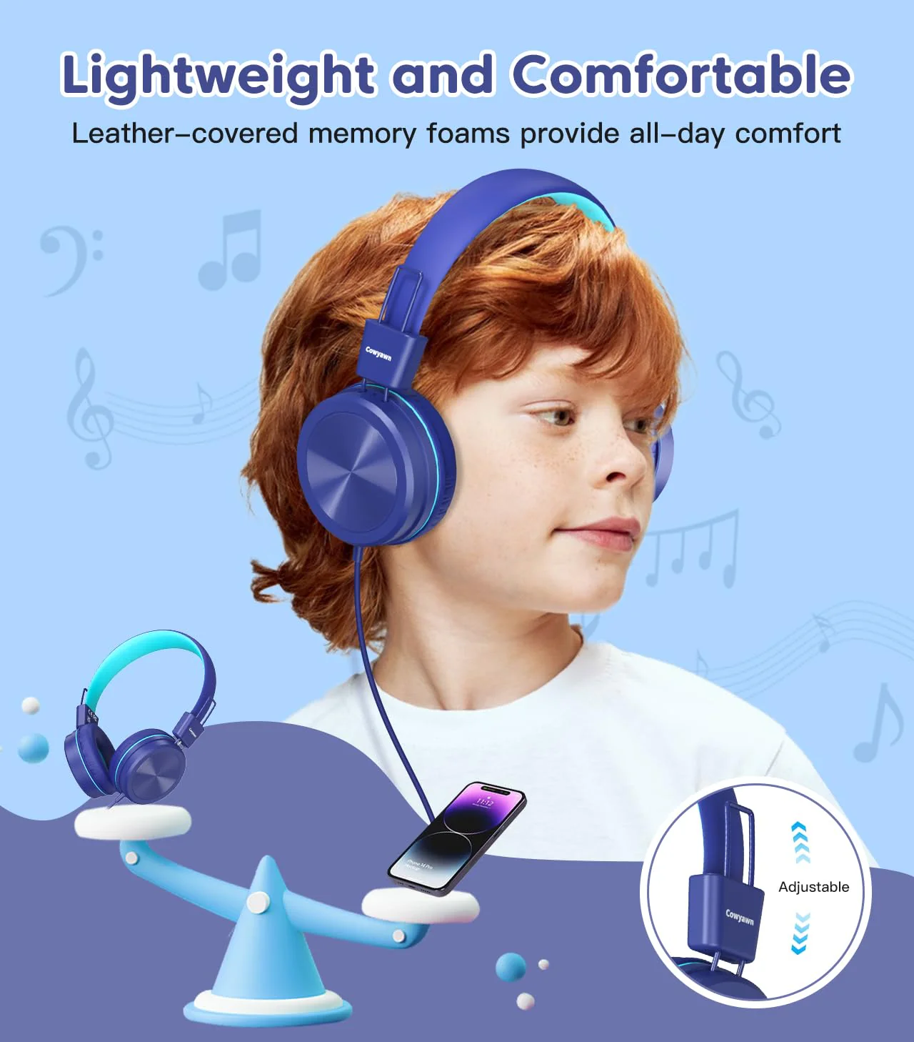 Kids Headphones, Toddler Headphones with Safe Volume Limiter 94dB, Wired School Headphones for Kid, 3.5mm Adjustable On-Ear Headphones for Boys/Girls/Children/Teens/iPad/Computer, Dark Blue Plug 3.5mm - Image 5