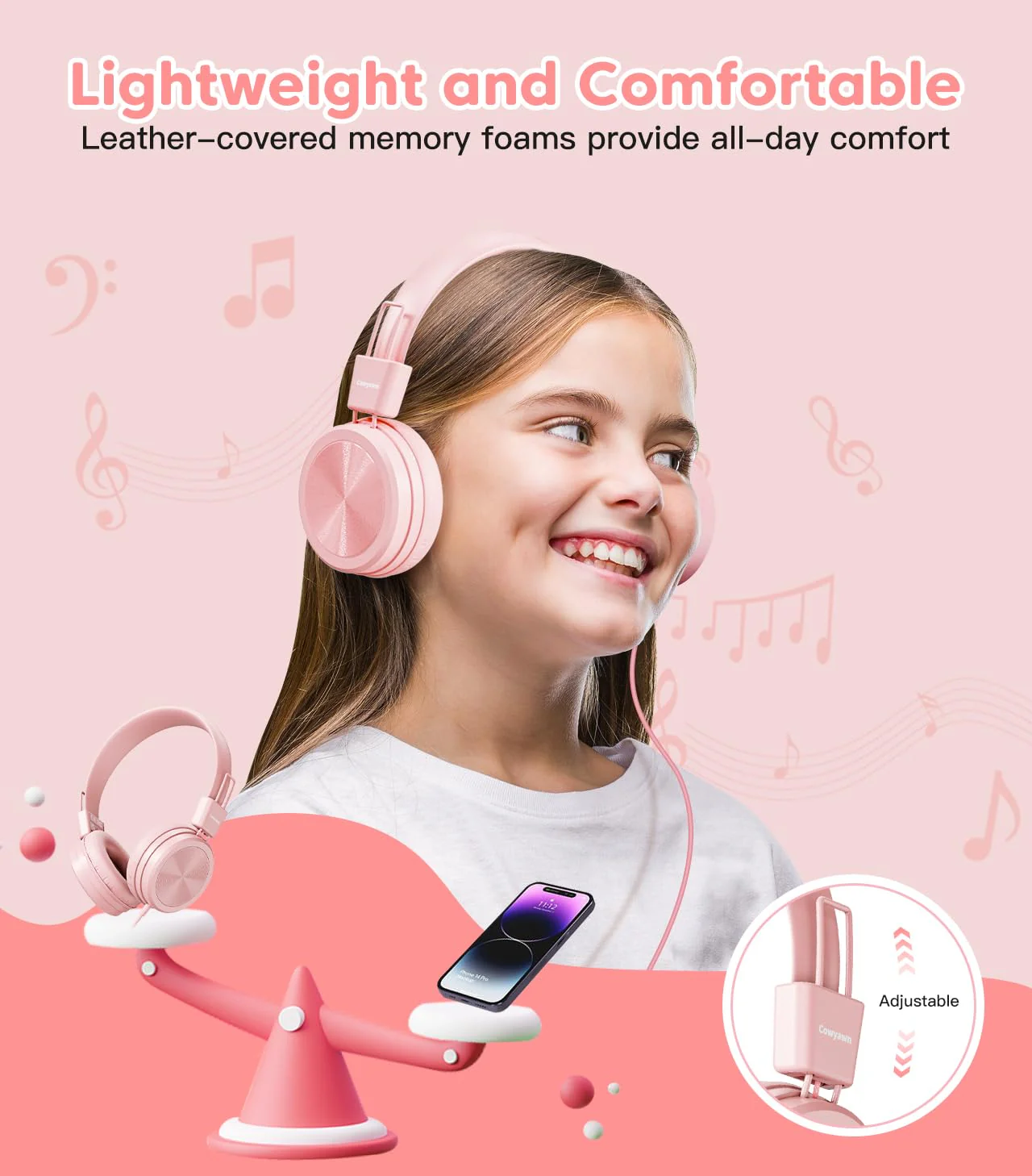 Kids Headphones, Toddler Headphones with Safe Volume Limiter 94dB, Wired School Headphones for Kid, 3.5mm Adjustable On-Ear Headphones for Boys/Girls/Children/Teens/iPad/Computer, Light Pink Plug 3.5mm - Image 5