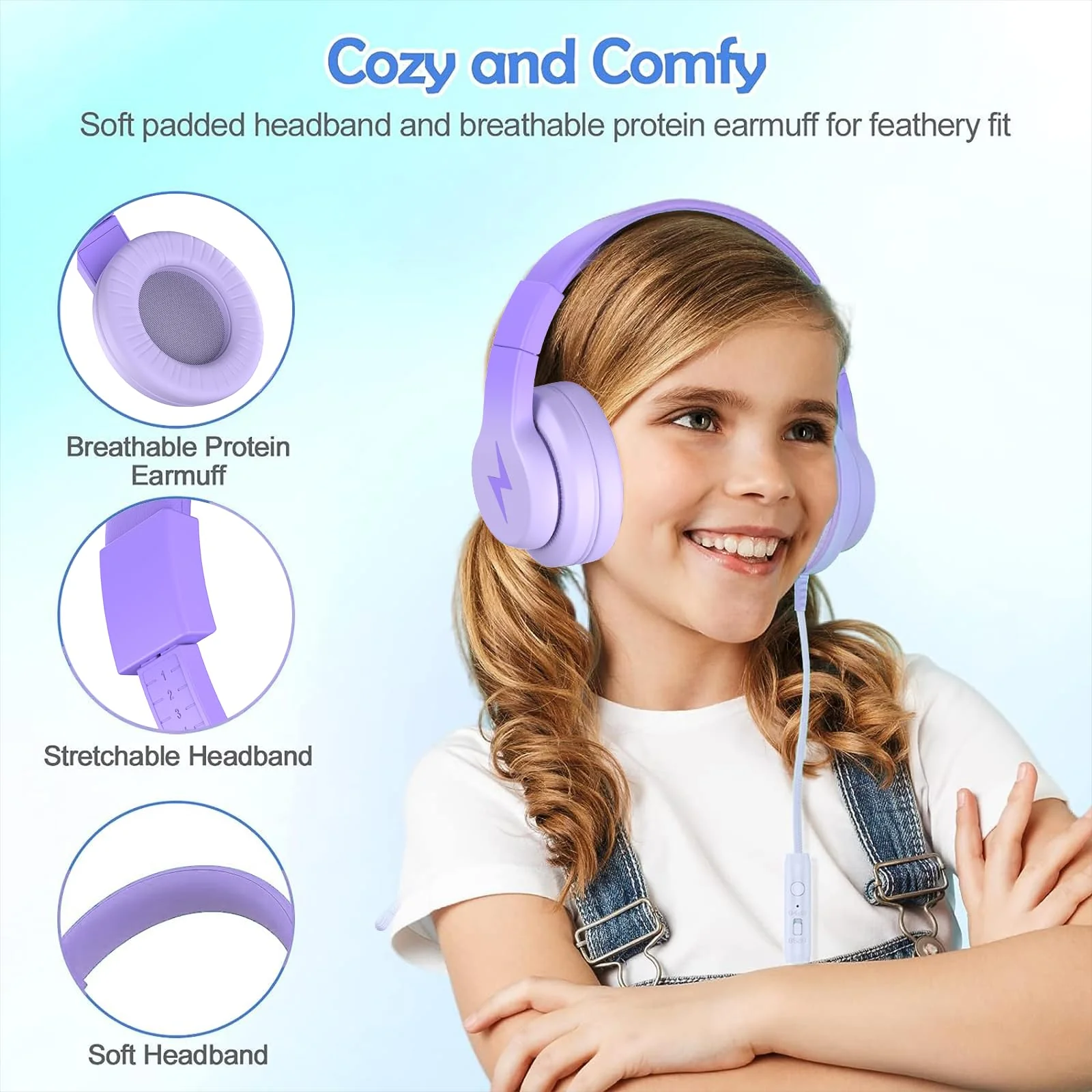 Kids Headphones, Wired Headphones for Kids with Microphone, 85/94dB Volume Limiter Headphones for Girls Boys with Sharing Jack, Foldable Headphones for Online Study, Gradient Deep Purple - Image 3