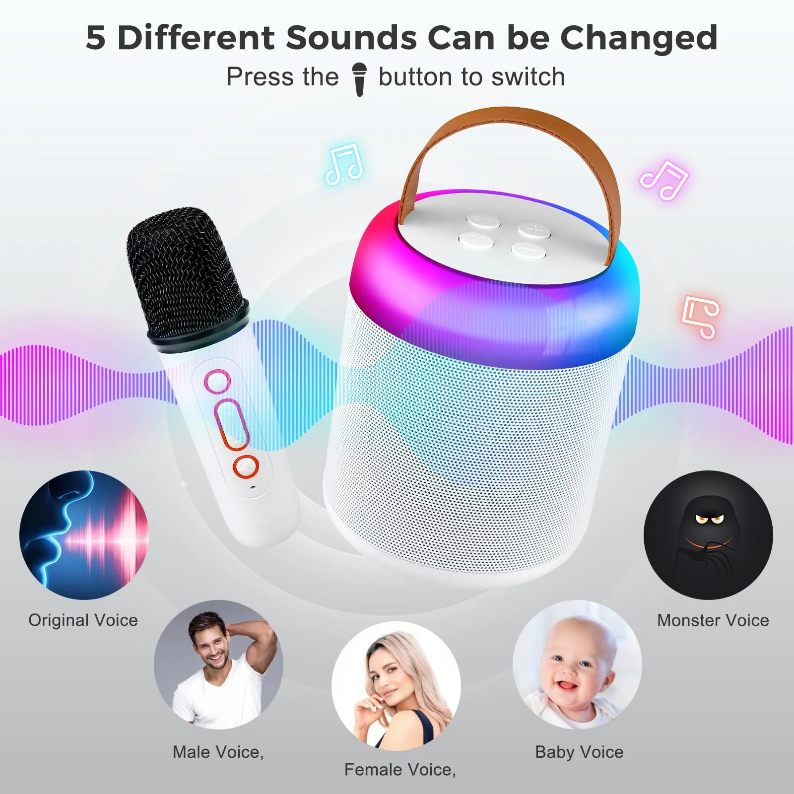 Kids Karaoke Machine, Portable Bluetooth Speaker with 2 Wireless Microphones, Dynamic Lights Karaoke Machine for Kids, Birthday Party Home, Outdoor(White) - Image 2