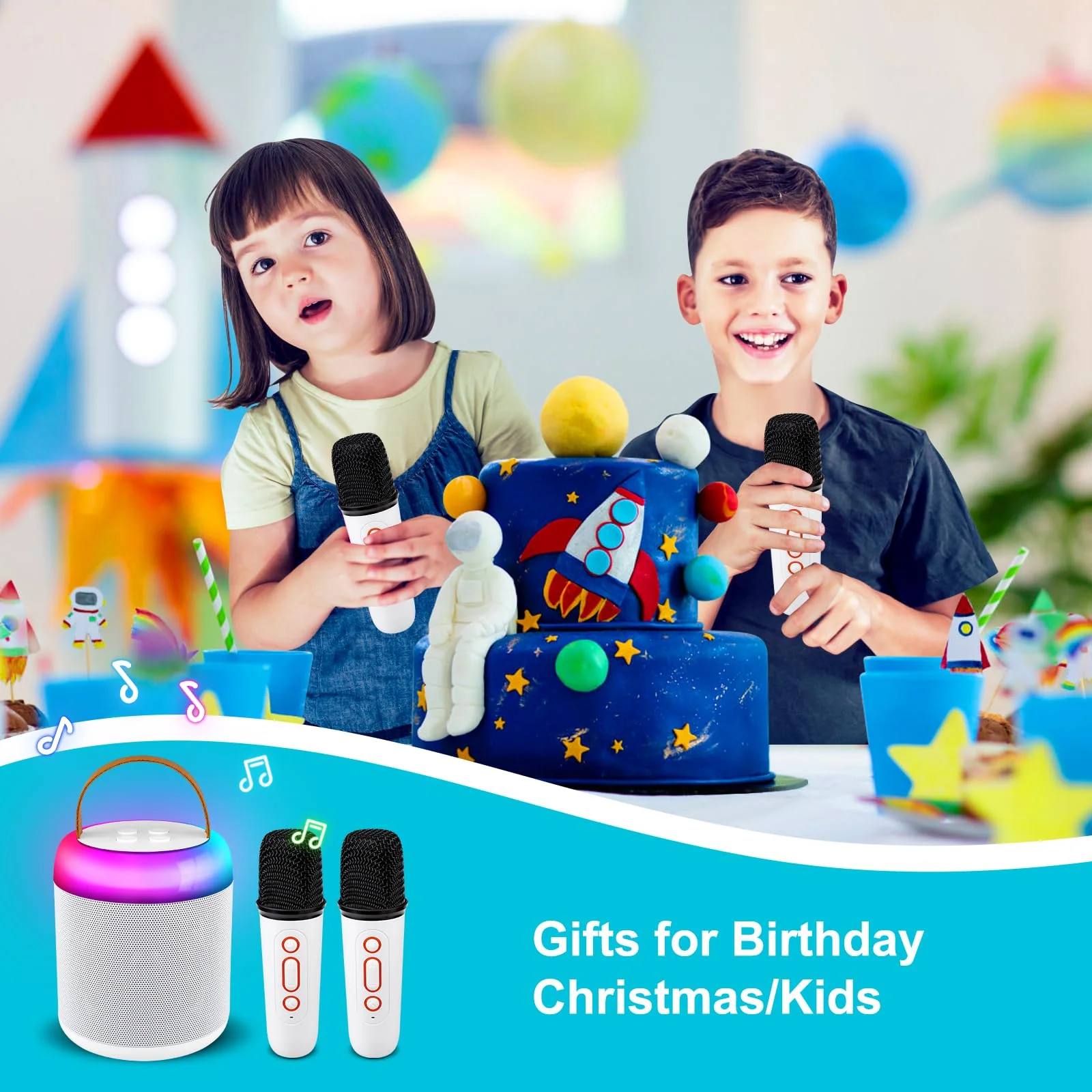 Kids Karaoke Machine, Portable Bluetooth Speaker with 2 Wireless Microphones, Dynamic Lights Karaoke Machine for Kids, Birthday Party Home, Outdoor(White) - Image 4