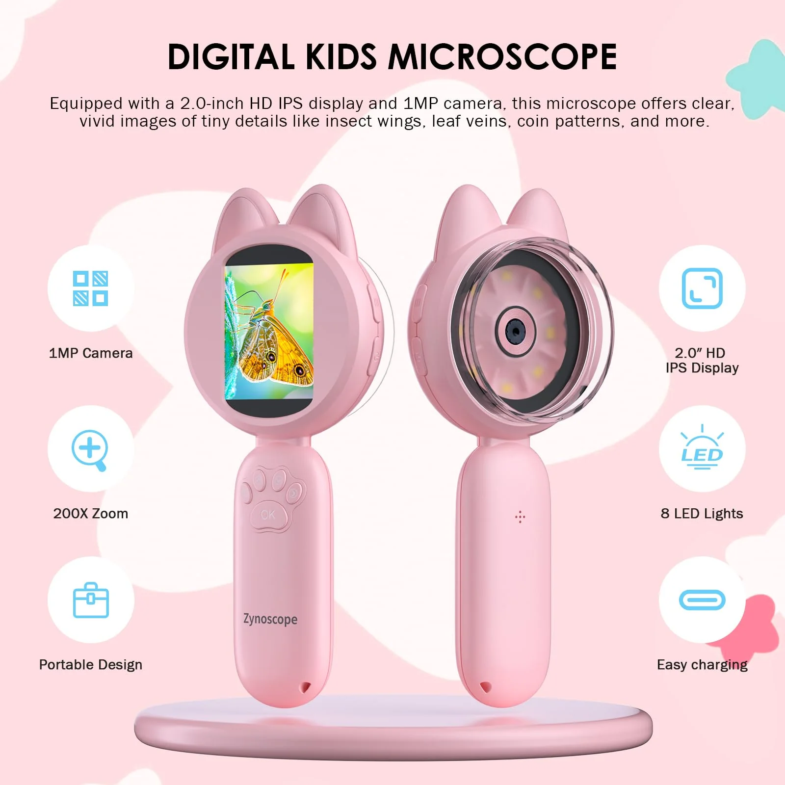 Kids Microscope 100X Magnification, STEM Handheld Digital Science Kit, Portable Educational Toy for Ages 3-16, Birthday for Boys & Girls Pink - Image 2