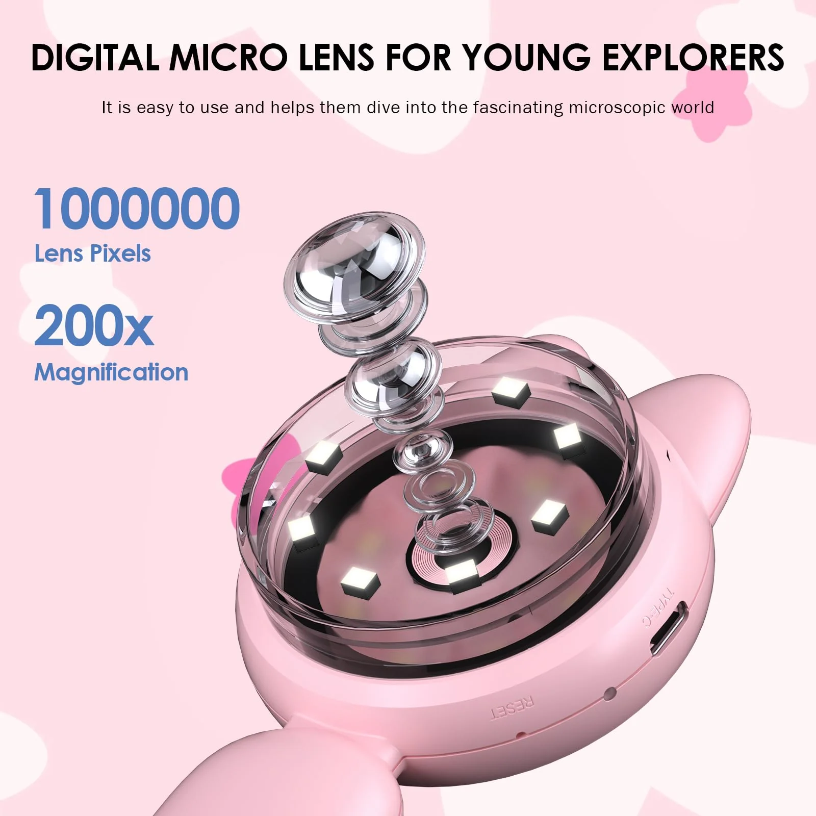Kids Microscope 100X Magnification, STEM Handheld Digital Science Kit, Portable Educational Toy for Ages 3-16, Birthday for Boys & Girls Pink - Image 3