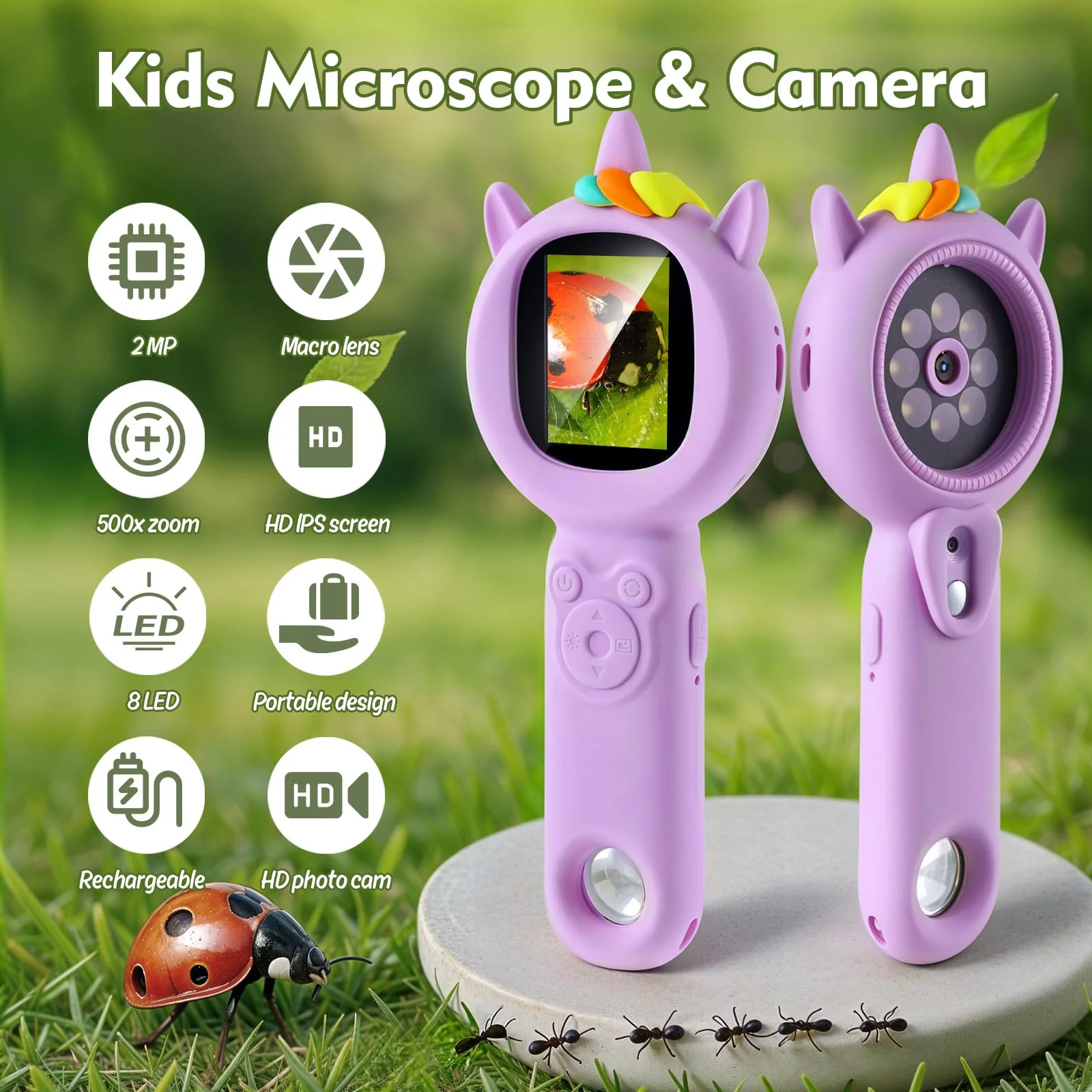 Kids Microscope- 500x Magnification,16X Zoom,Handheld Microscope for Kids with HD Cam,Portable Science Learning Tool,Christmas Birthday Gifts for Boys Girls Aged 3-12 (Purple) Purple - Image 2