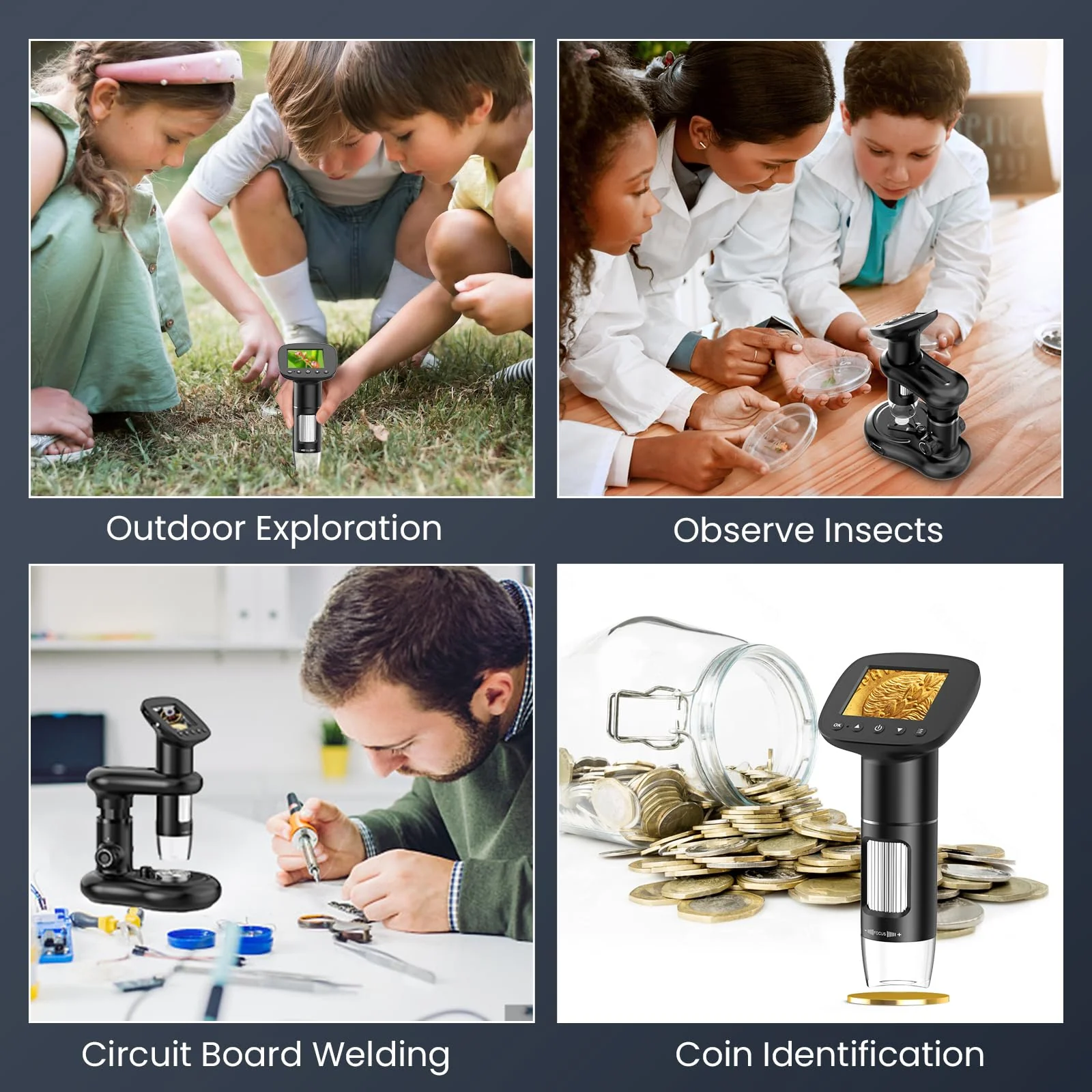 Kids Microscope for Ages 8-12, Handheld Digital Microscope D-MS1 with 2" IPS Screen - Take Pictures & Videos - Download to PC & Mac - 1000X Pocket Microscope, Used Birthday for Kids black with stand - Image 2