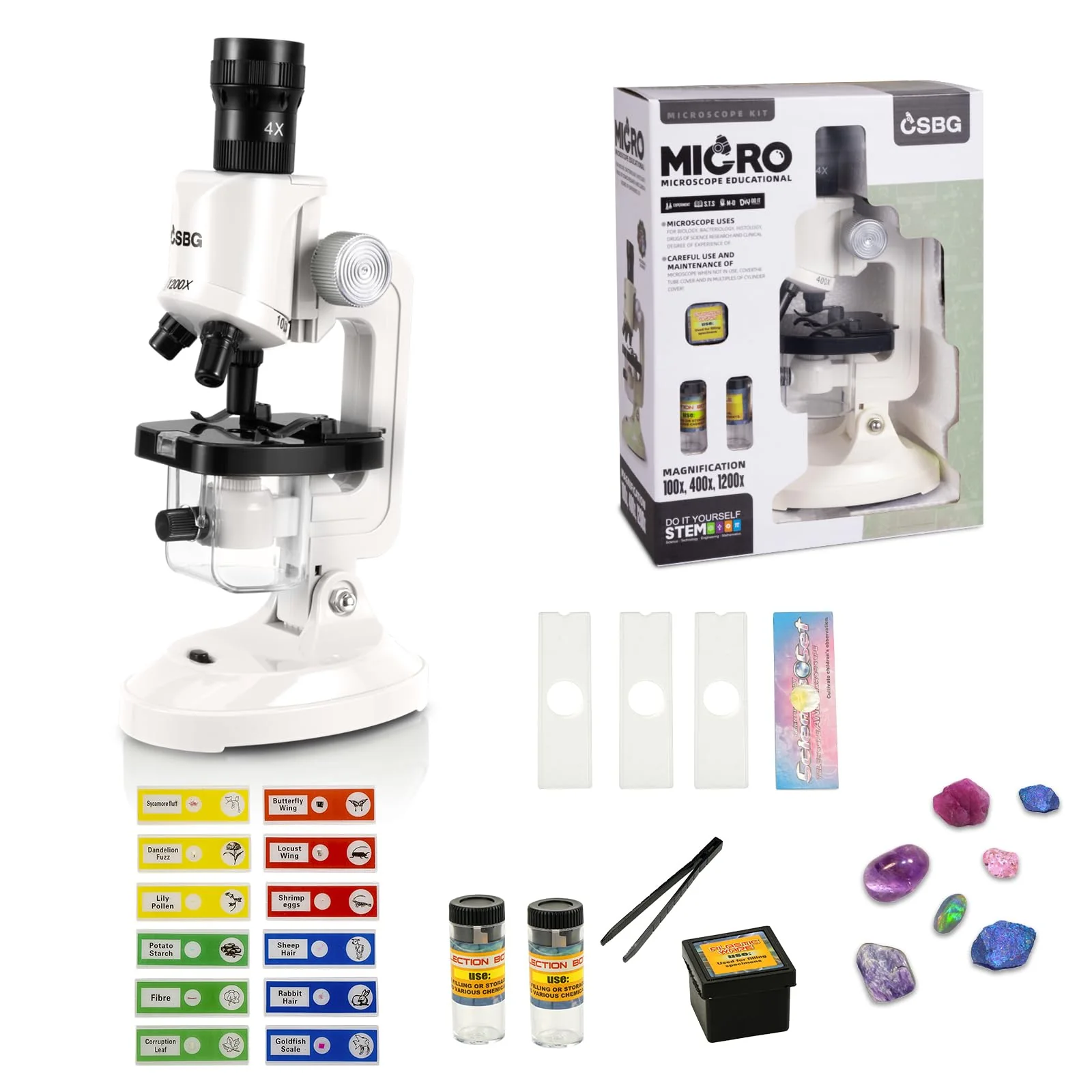 Kids Microscope Kit with LED Light - 100X/400X/1200X Magnification for STEM Learning, 12 Prepared Slides, Easy-to-Use Science Learning Kit (Ages 5-12) - White