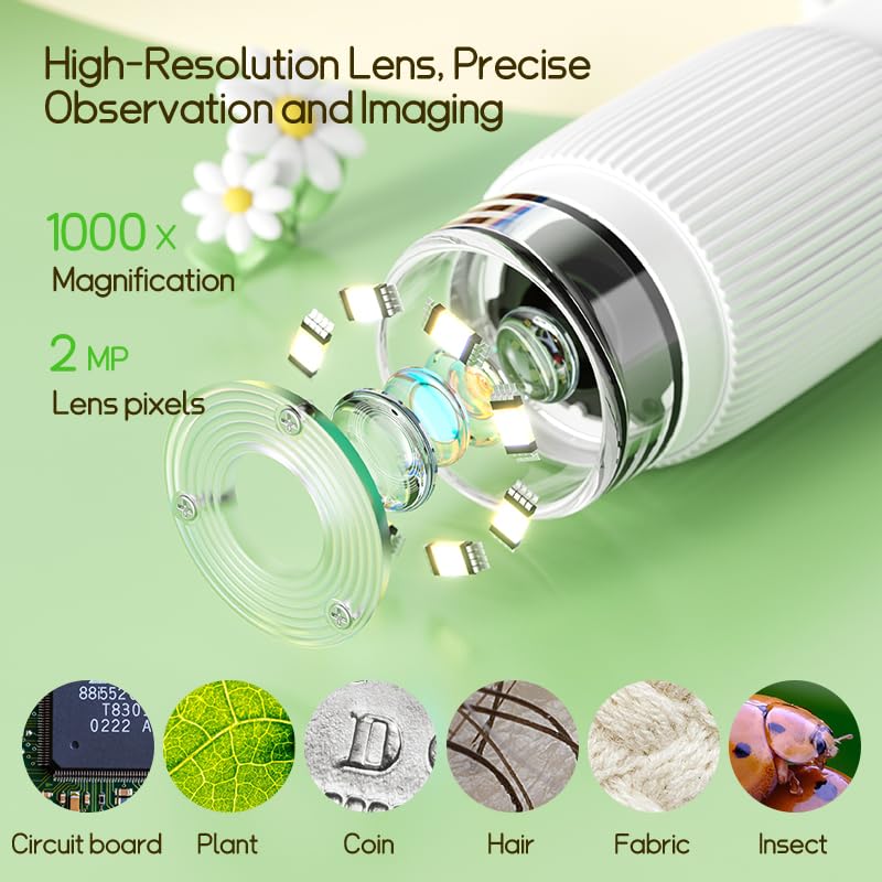 Kids Microscope with 50X-1000X Zoom, Lightweight Wonder Quest Microscope for Kids to Explore Nature, Handheld Microscope with 2" Screen for School and Outdoor Travel (White) white - Image 3