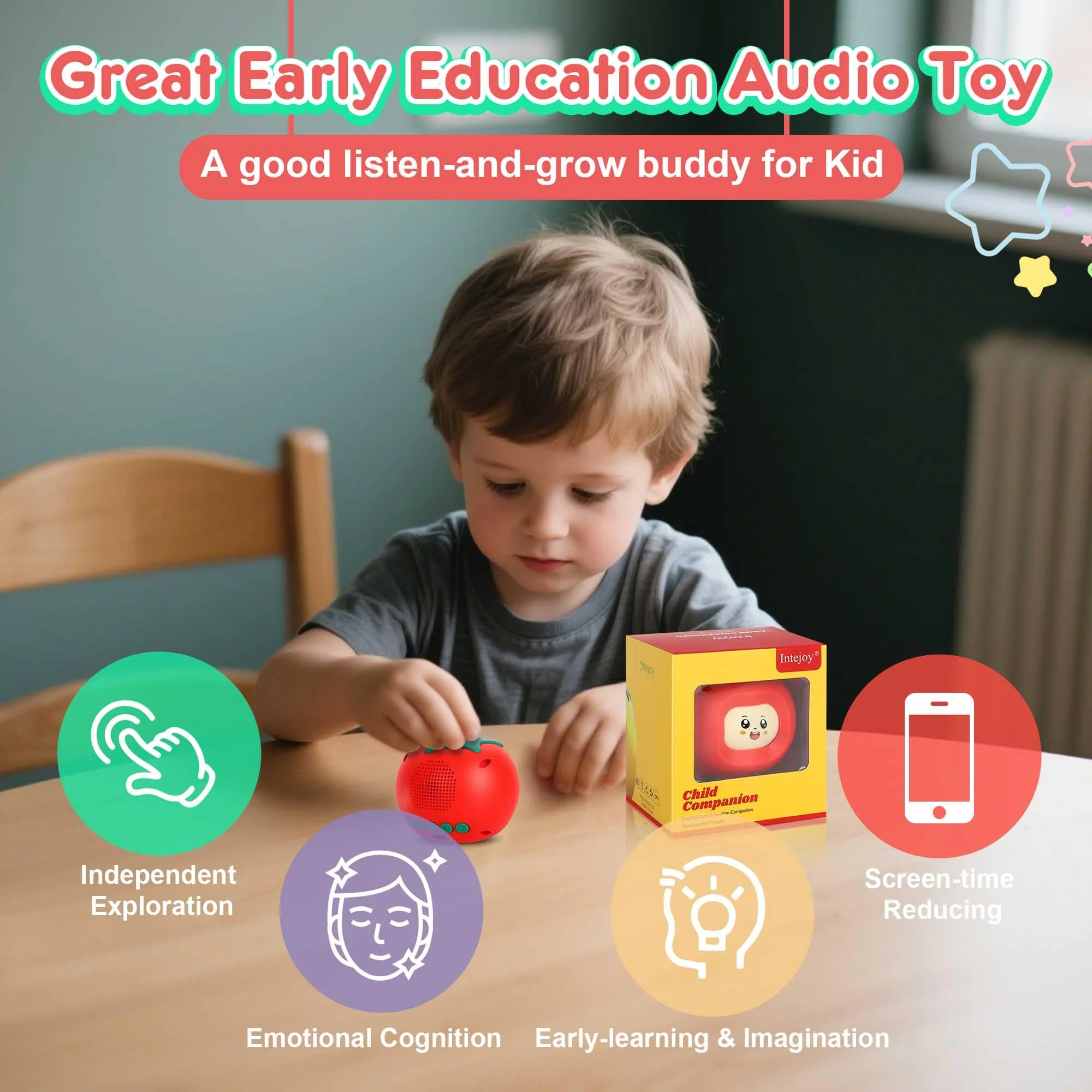 Kids Music Player with Face-Changing, Musical Toys for Toddlers 1-3-6，Educational Toys,Preloaded 200+ Stories/Rhymes, Screen-Free Audio Player, Travel Bluetooth Speaker, Gift for Boys Girls-Yellow Yellow - Image 3