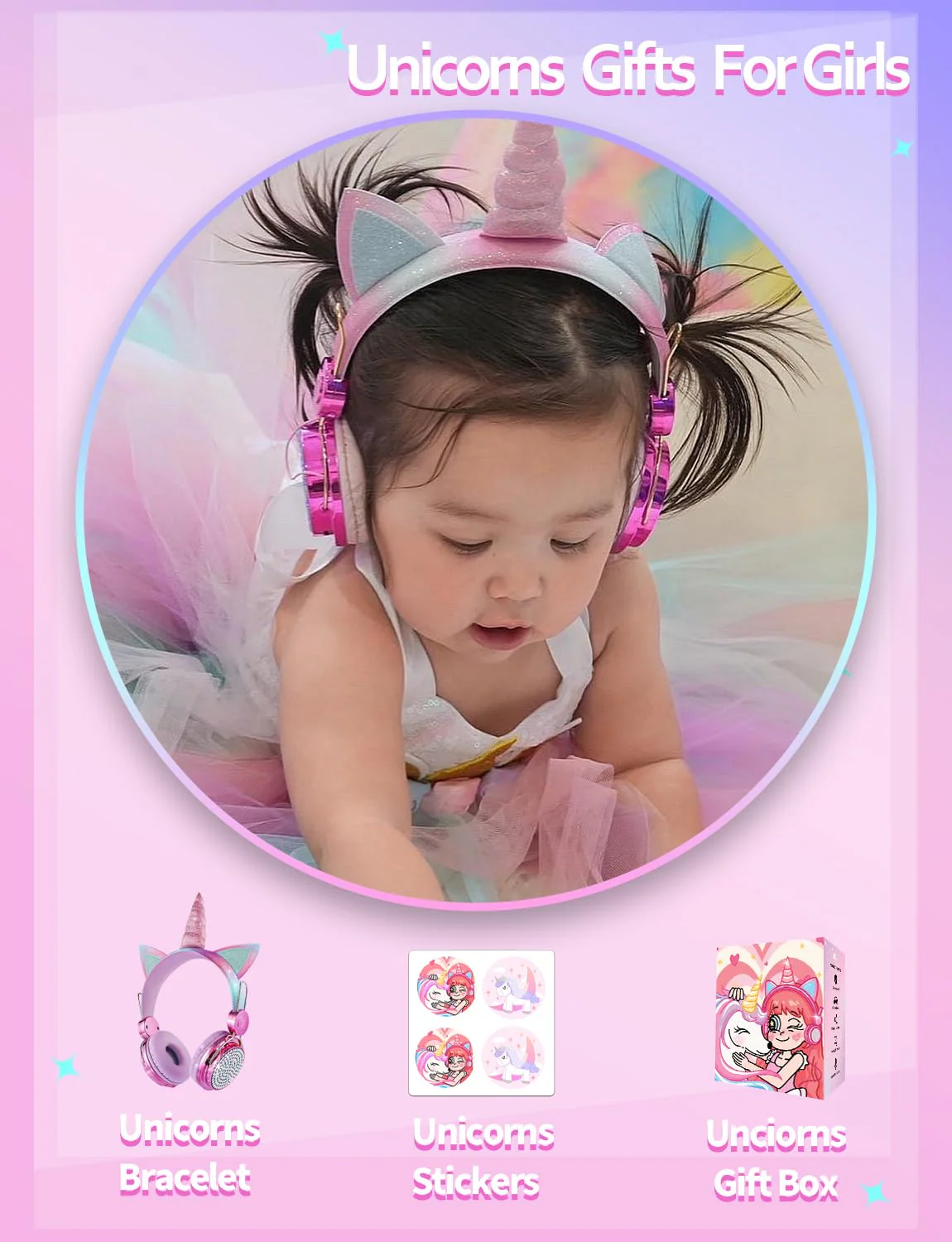 Kids Unicorns Headphones with Mic for School/Travel,95dB Volume Limited,Shareport,On/Over Ear Wired Headsets with Nylon Cable-Hot Pink Rose2 - Image 5