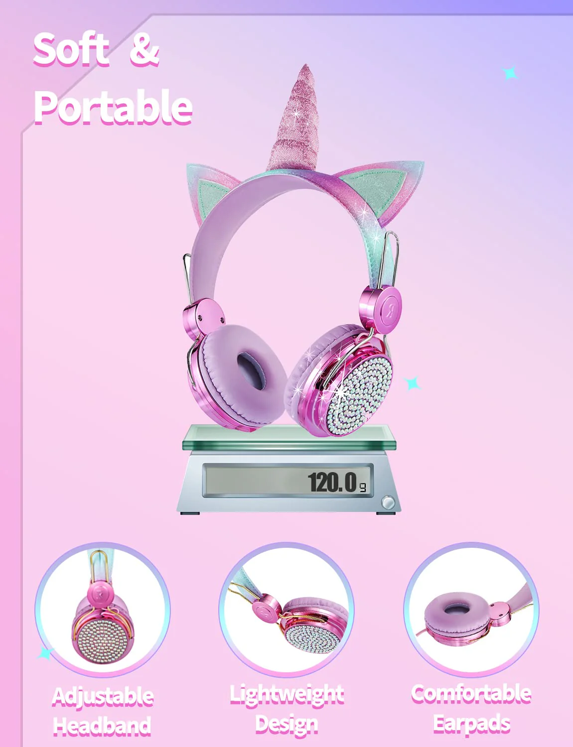 Kids Unicorns Headphones with Mic for School/Travel,95dB Volume Limited,Shareport,On/Over Ear Wired Headsets with Nylon Cable-Hot Pink Rose2 - Image 7