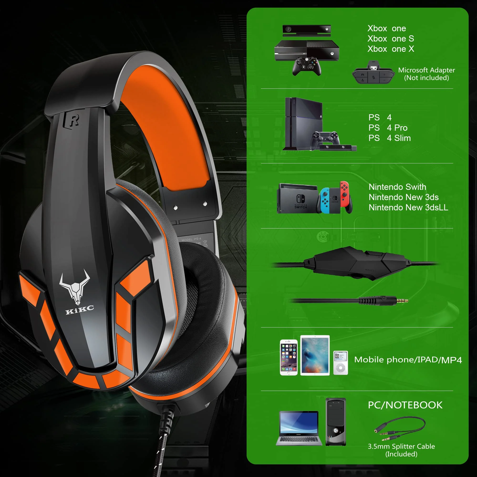 Kikc PS4 Gaming Headset with Mic for Xbox One, PS5, PC, Mobile Phone and Notebook, Controllable Volume Gaming Headphones with Soft Earmuffs for Kid Orange - Image 3