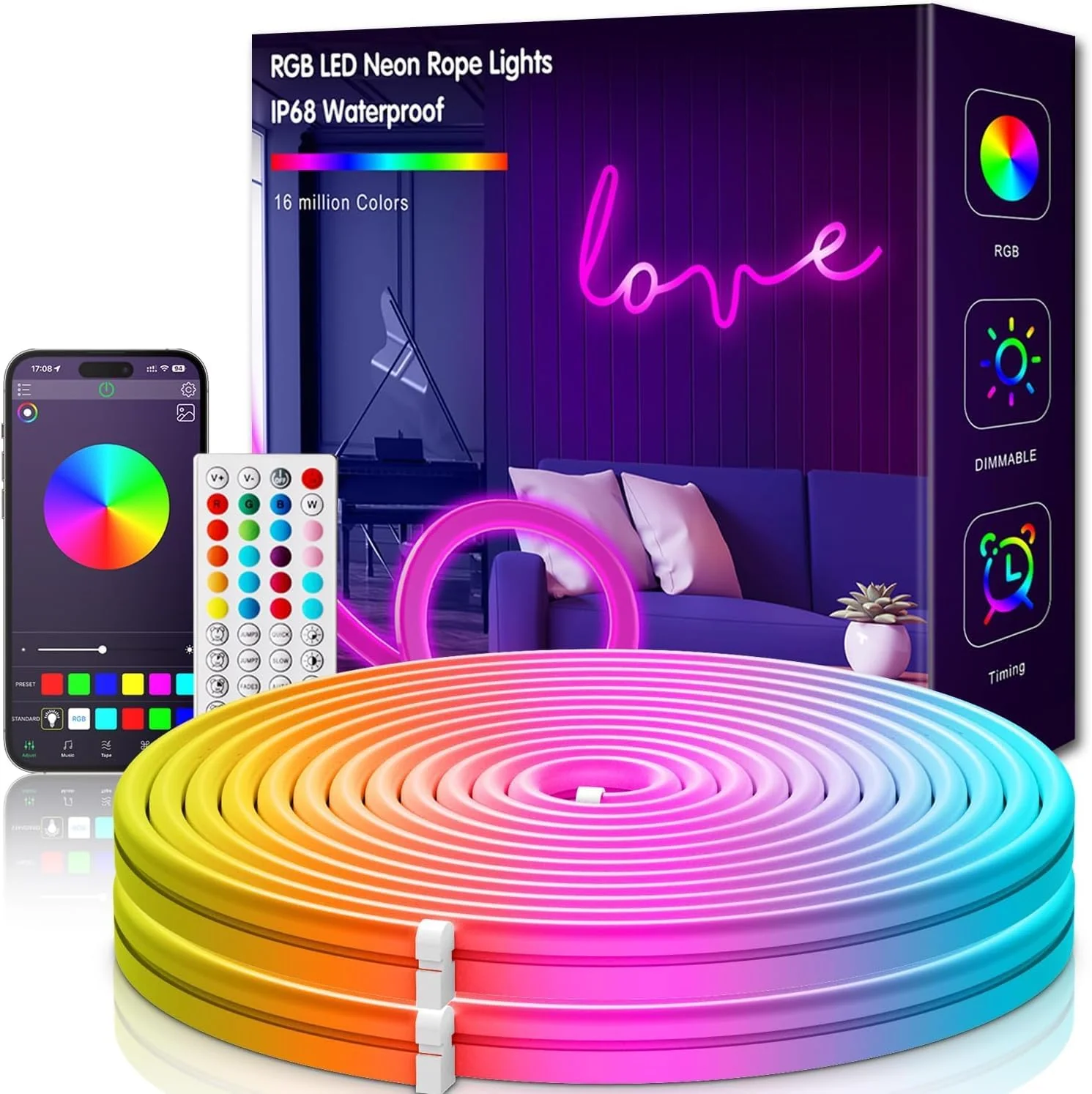 KIKO 32.8ft Rope Lights, 10m Led Strip Lights Remote APP Control,IP67 Outdoor Neon Lights Music Sync Led Rope Lights DIY Mode Neon Flex Strip Lights for Bedroom Indoors Outdoors Decor 33FT