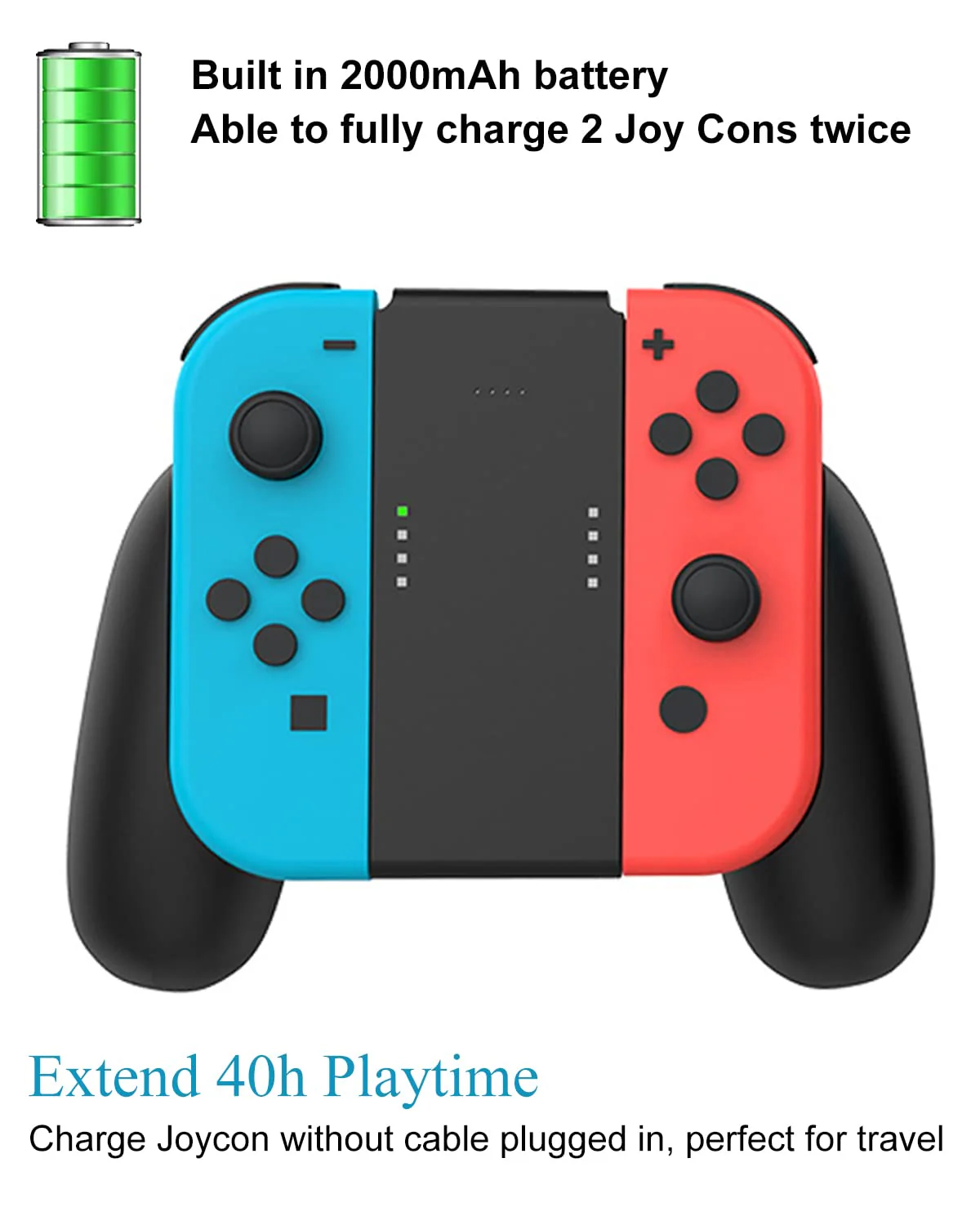 KINVOCA Charging Grip with 2000mAh Battery, 2-in-1 Comfort Grip for Nintendo Switch Controller, Controller Charger with 32in USB-C Cable, Power & Charge Indicators, Overcharge Protection Grip for Original Controller ONLY(2000mAh Battery) - Image 2