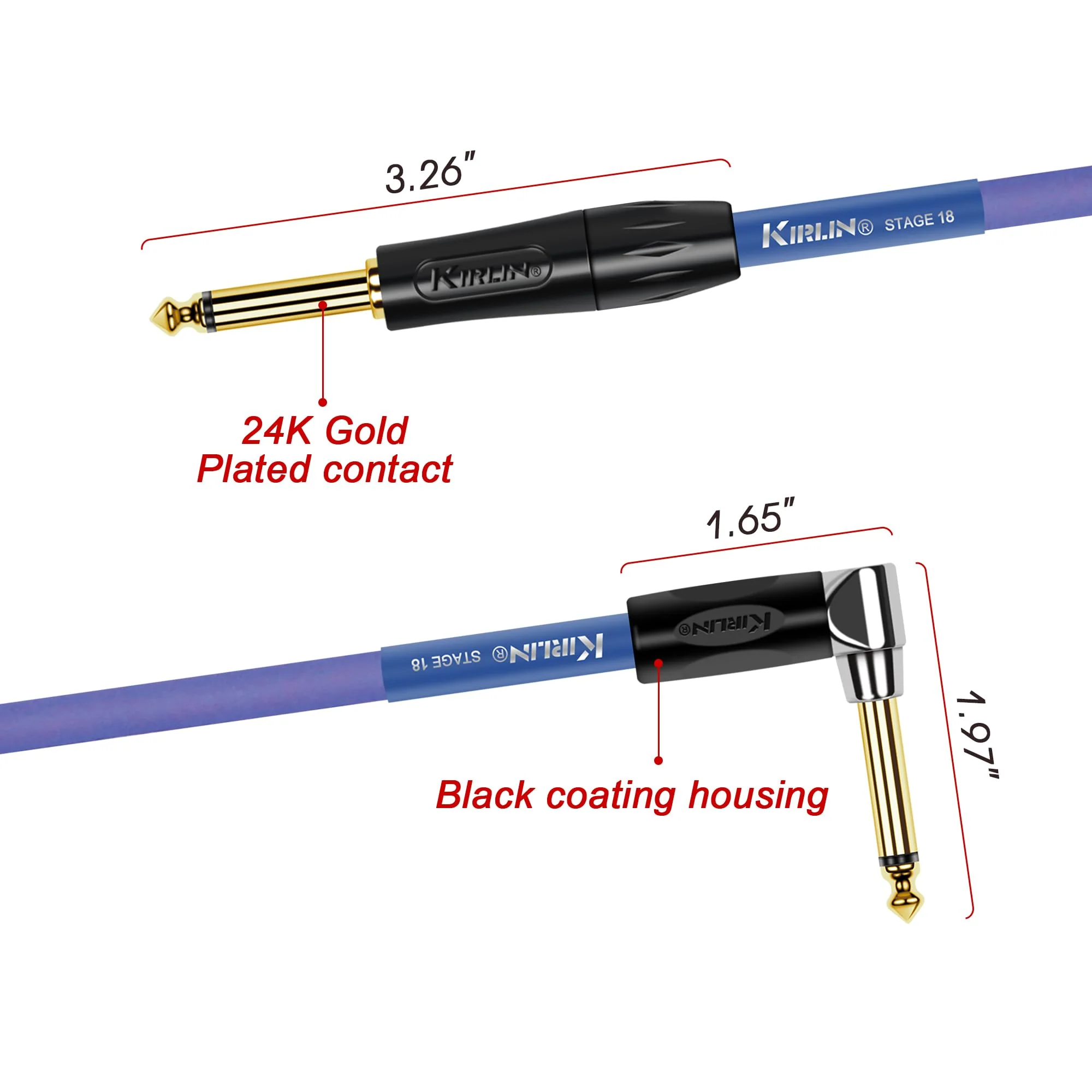 KIRLIN Cable Kirlin IMK-182BFGL-30/BLF-Straight to Right Angle ¼” Premium Coil Instrument Cable, Purple Translucent PVC Jacket-30ft, (IMK-182BFGL-30/BLF) - Image 4
