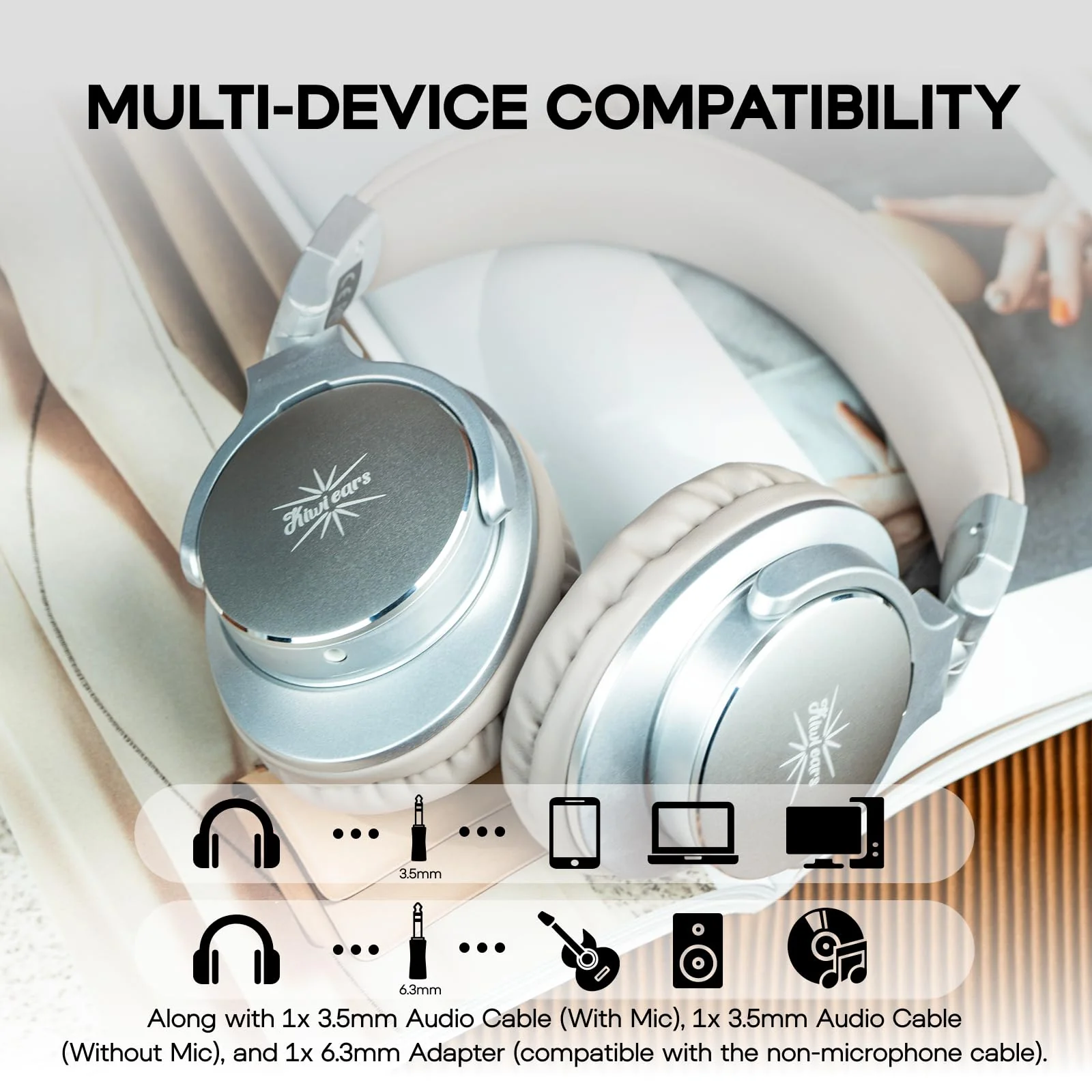Kiwi Ears Division Monitor/DJ Headphones, Wired Over Ear Headphones, Gaming Headset, Mixing DJ Stereo Headsets with 40mm Drivers, 3.5mm/6.35mm Audio Jack for AMP Computer Recording Podcast Silver - Image 5