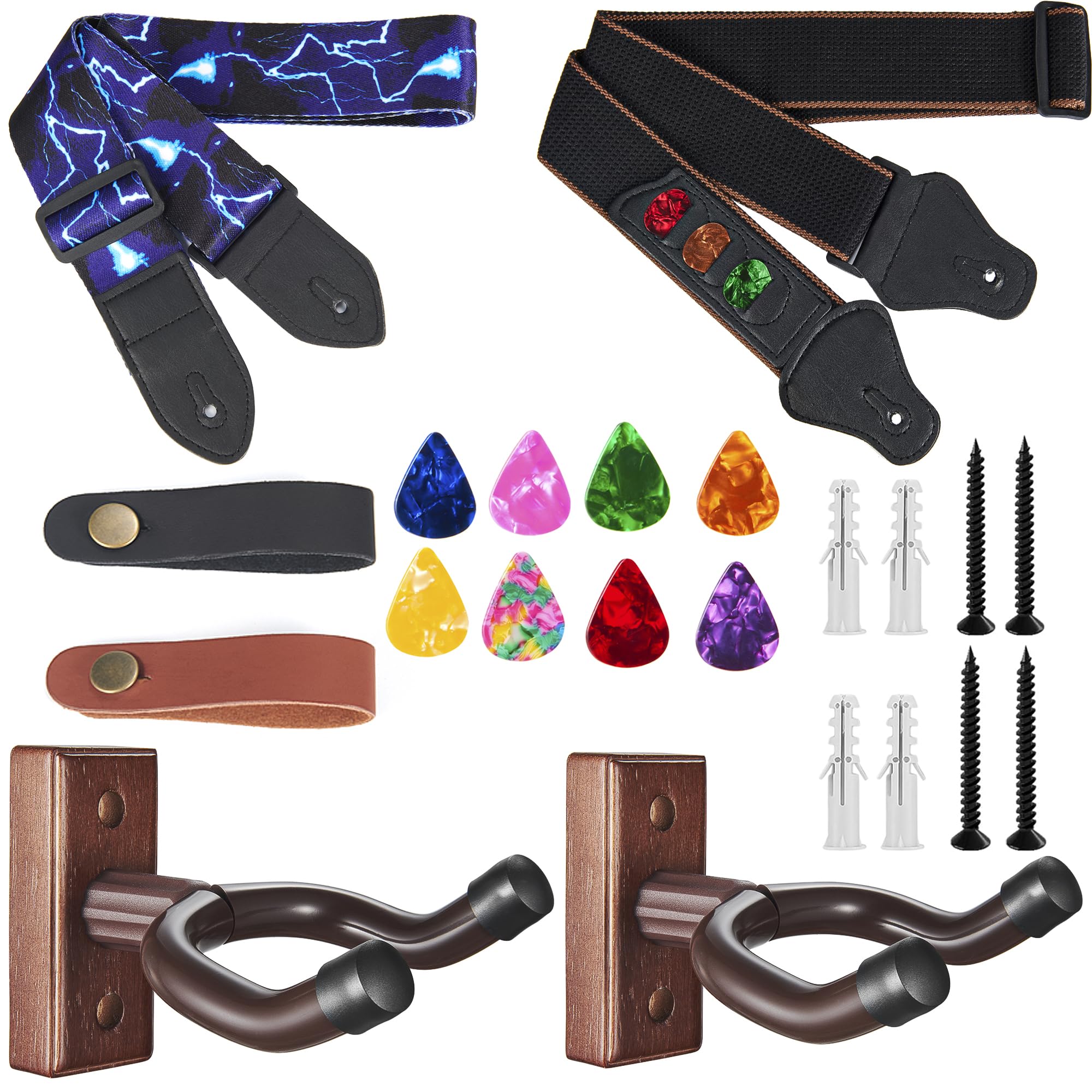 KKG 2pack Guitar Wall Mount Wood Hanger,and 2pack Guitar Strap with Guitar Pick and Strap Button Accessories for Safe Storage and Display for Acoustic Electric Guitar Bass Banjo and Instruments. A:2 Hanger& 2 Strap