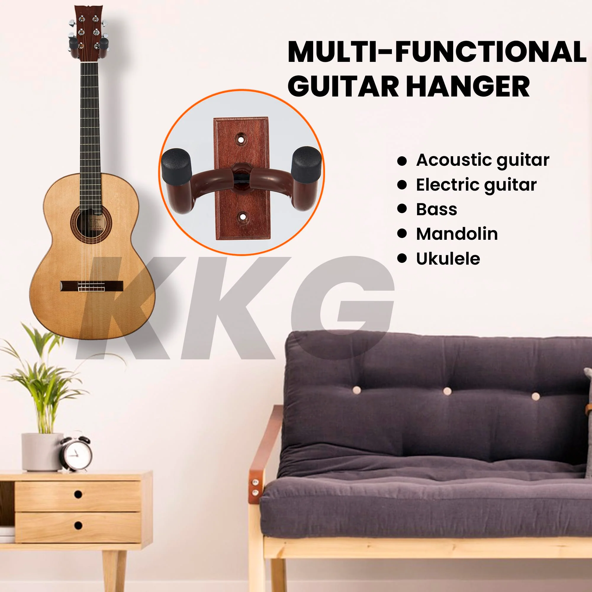 KKG 2pack Guitar Wall Mount Wood Hanger,and 2pack Guitar Strap with Guitar Pick and Strap Button Accessories for Safe Storage and Display for Acoustic Electric Guitar Bass Banjo and Instruments. A:2 Hanger& 2 Strap - Image 6