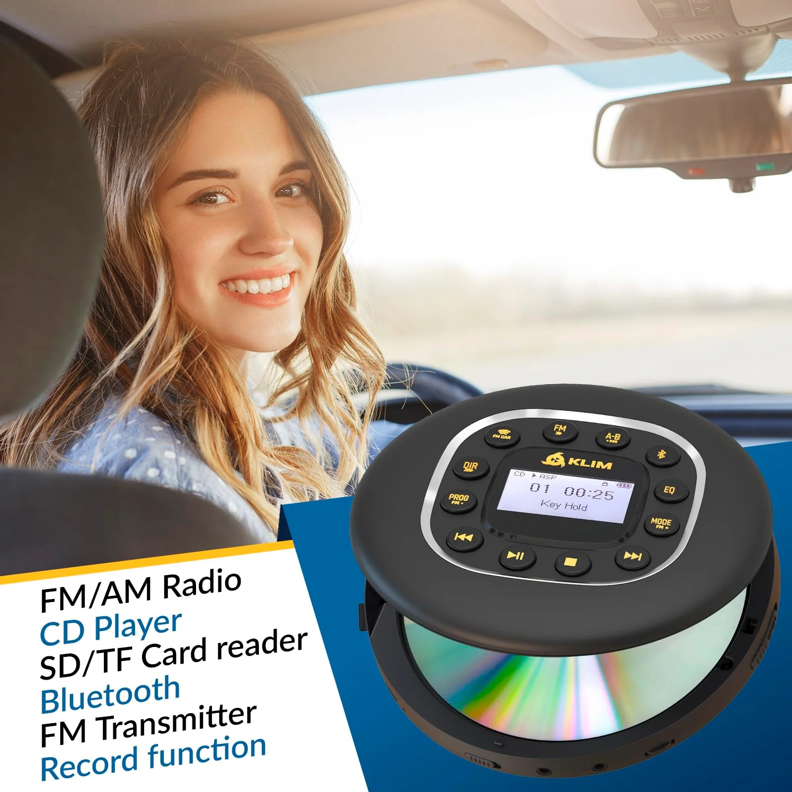 KLIM Journey - Portable CD Player Walkman with Long-Lasting Battery - New - with Headphones - Radio FM - Compatible MP3 CD Player Portable - SD Card, FM Transmitter, Bluetooth - Ideal for Cars - Image 2