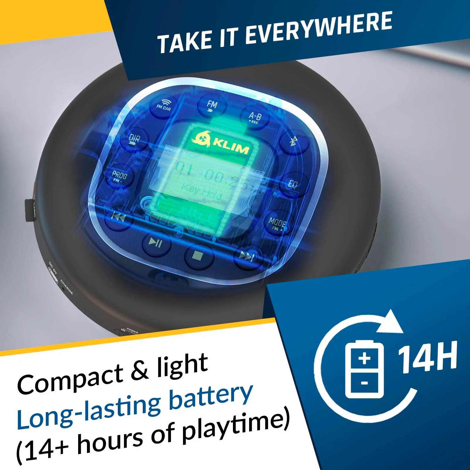 KLIM Journey - Portable CD Player Walkman with Long-Lasting Battery - New - with Headphones - Radio FM - Compatible MP3 CD Player Portable - SD Card, FM Transmitter, Bluetooth - Ideal for Cars - Image 4