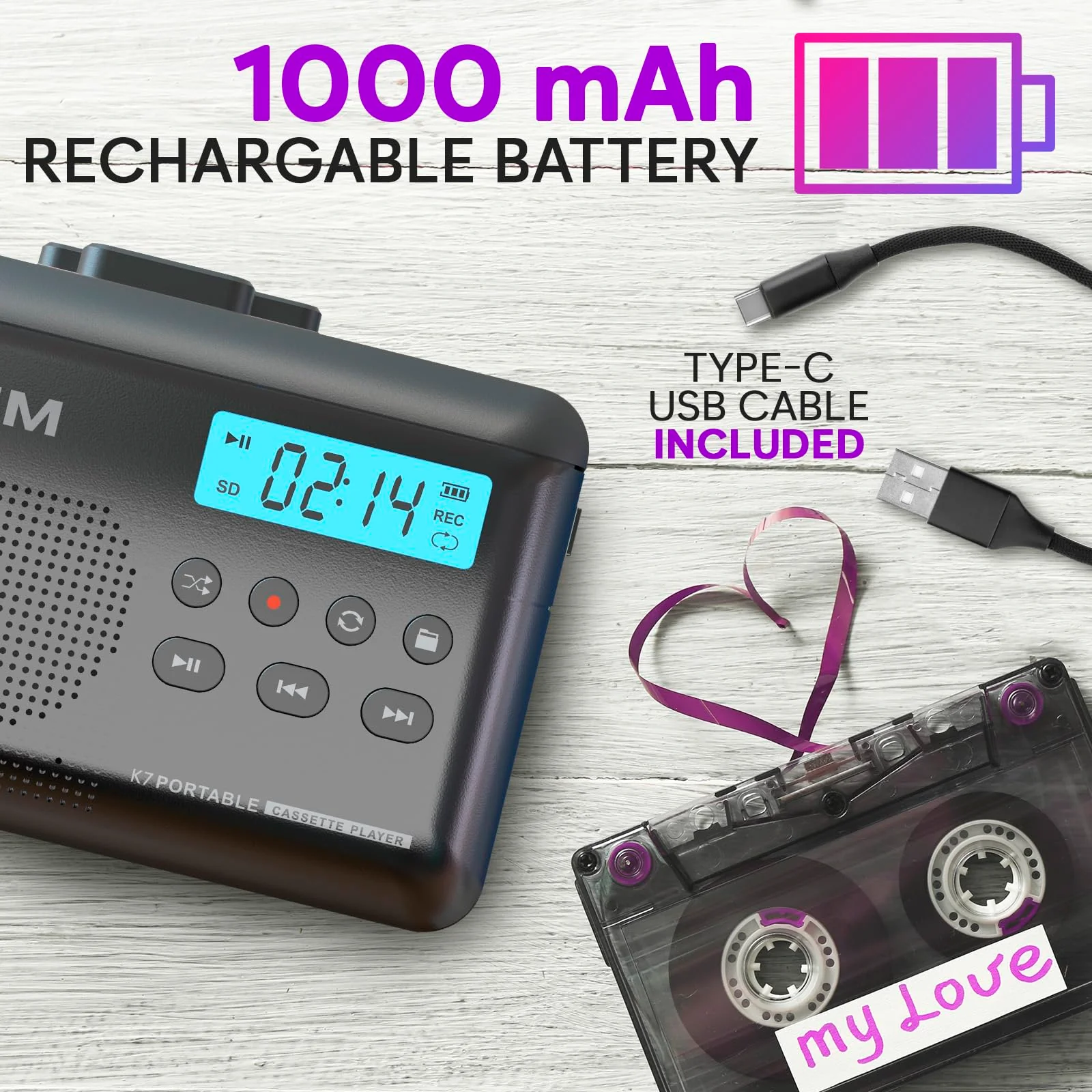 KLIM K7 Cassette Tape Player - Cassette to MP3 Converter - Portable - Built-in Microphone & Speaker - Rechargeable Battery - Earphones - 16GB SD Card - Ash - Image 5