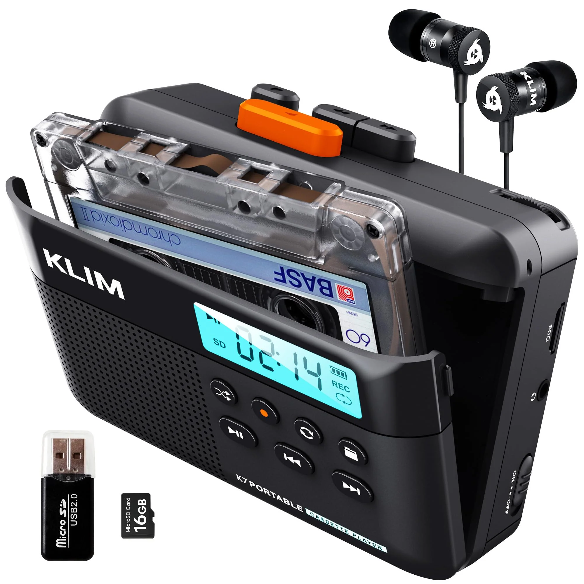 KLIM K7 Cassette Tape Player - Cassette to MP3 Converter - Portable - Built-in Microphone & Speaker - Rechargeable Battery - Earphones - 16GB SD Card - Black-Orange Black Orange