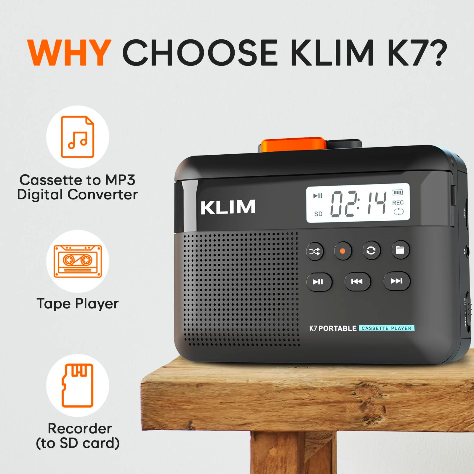 KLIM K7 Cassette Tape Player - Cassette to MP3 Converter - Portable - Built-in Microphone & Speaker - Rechargeable Battery - Earphones - 16GB SD Card - Black-Orange Black Orange - Image 2