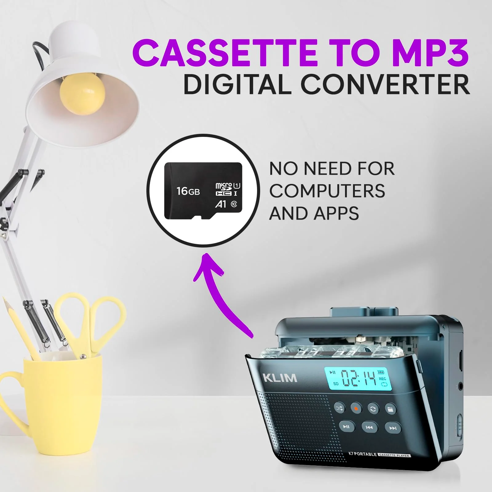 KLIM K7 Cassette Tape Player - Cassette to MP3 Converter - Portable - Built-in Microphone & Speaker - Rechargeable Battery - Earphones - 16GB SD Card - Blue - Image 3