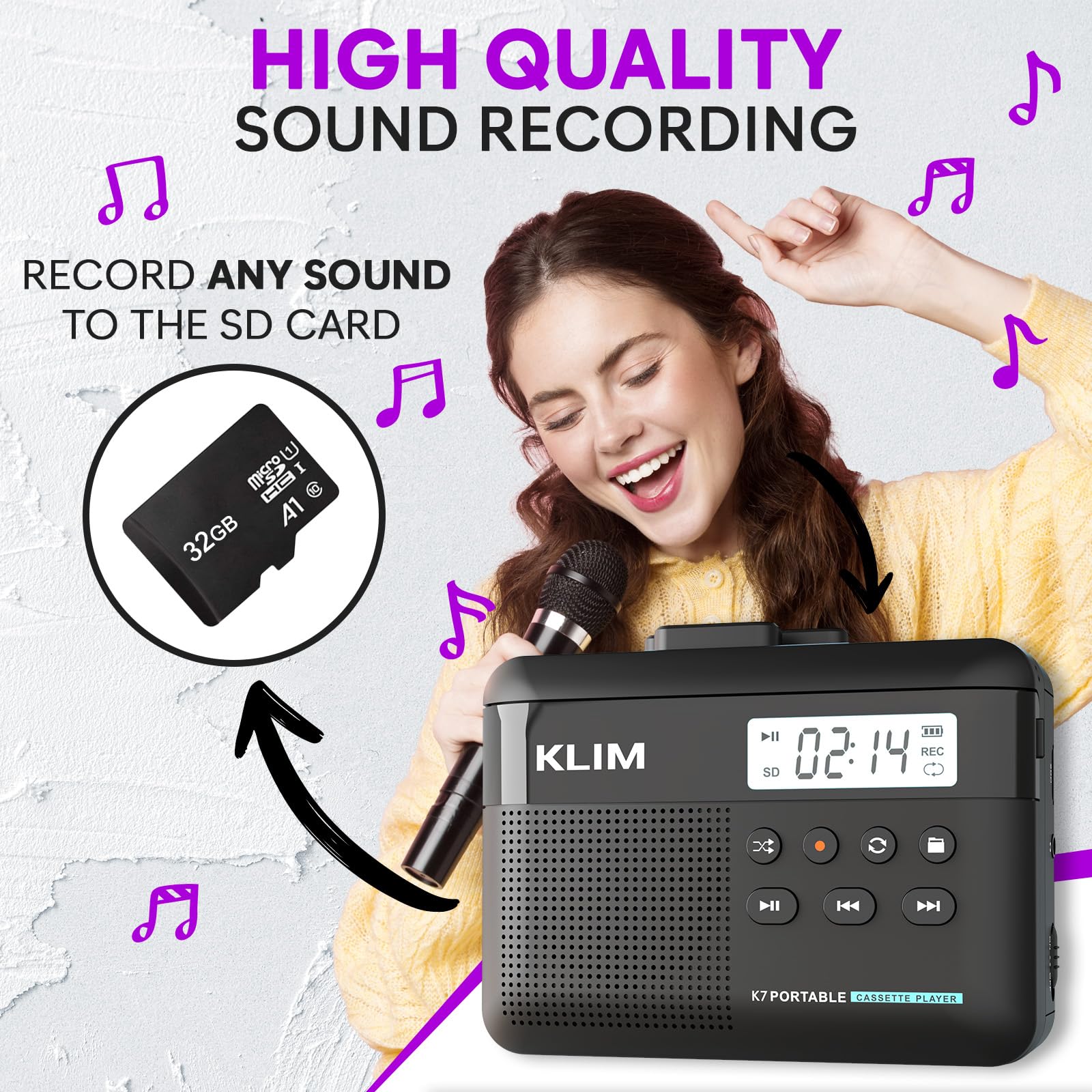KLIM K7 Cassette Tape Player + Cassette to MP3 Converter + Portable Cassette Player + Built-in Microphone & Speaker + Rechargeable Battery + Earphones + 32GB SD Card 32GB Black - Image 4