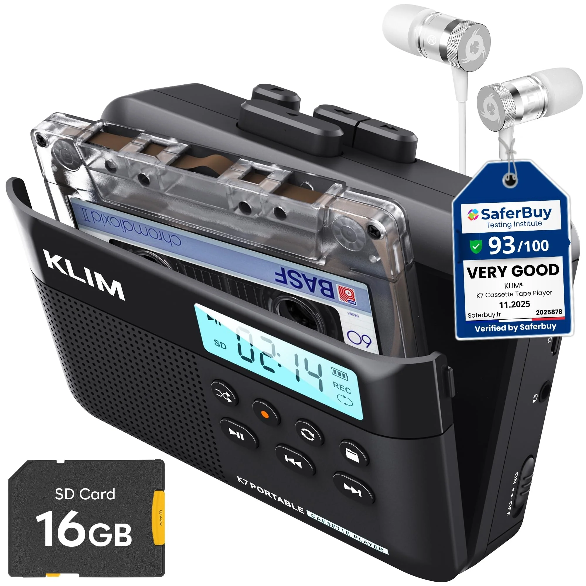 KLIM K7 Cassette Tape Player with Fusion Earphones - Cassette to MP3 Converter - Portable - Built-in Microphone & Speaker - Rechargeable Battery - Earphones - 16GB SD Card - Black Black- Fusion White