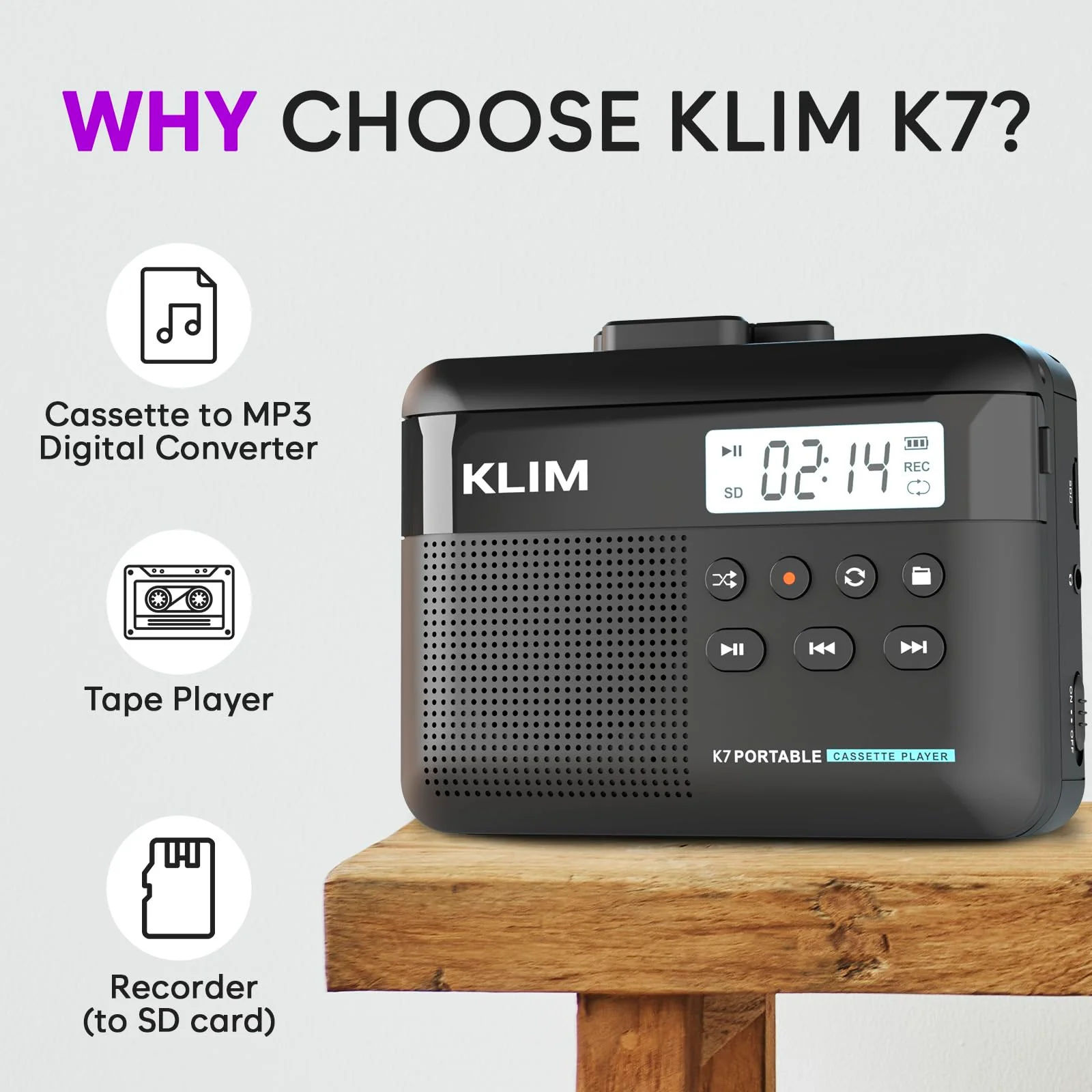 KLIM K7 Cassette Tape Player with Fusion Earphones - Cassette to MP3 Converter - Portable - Built-in Microphone & Speaker - Rechargeable Battery - Earphones - 16GB SD Card - Black Black- Fusion White - Image 2
