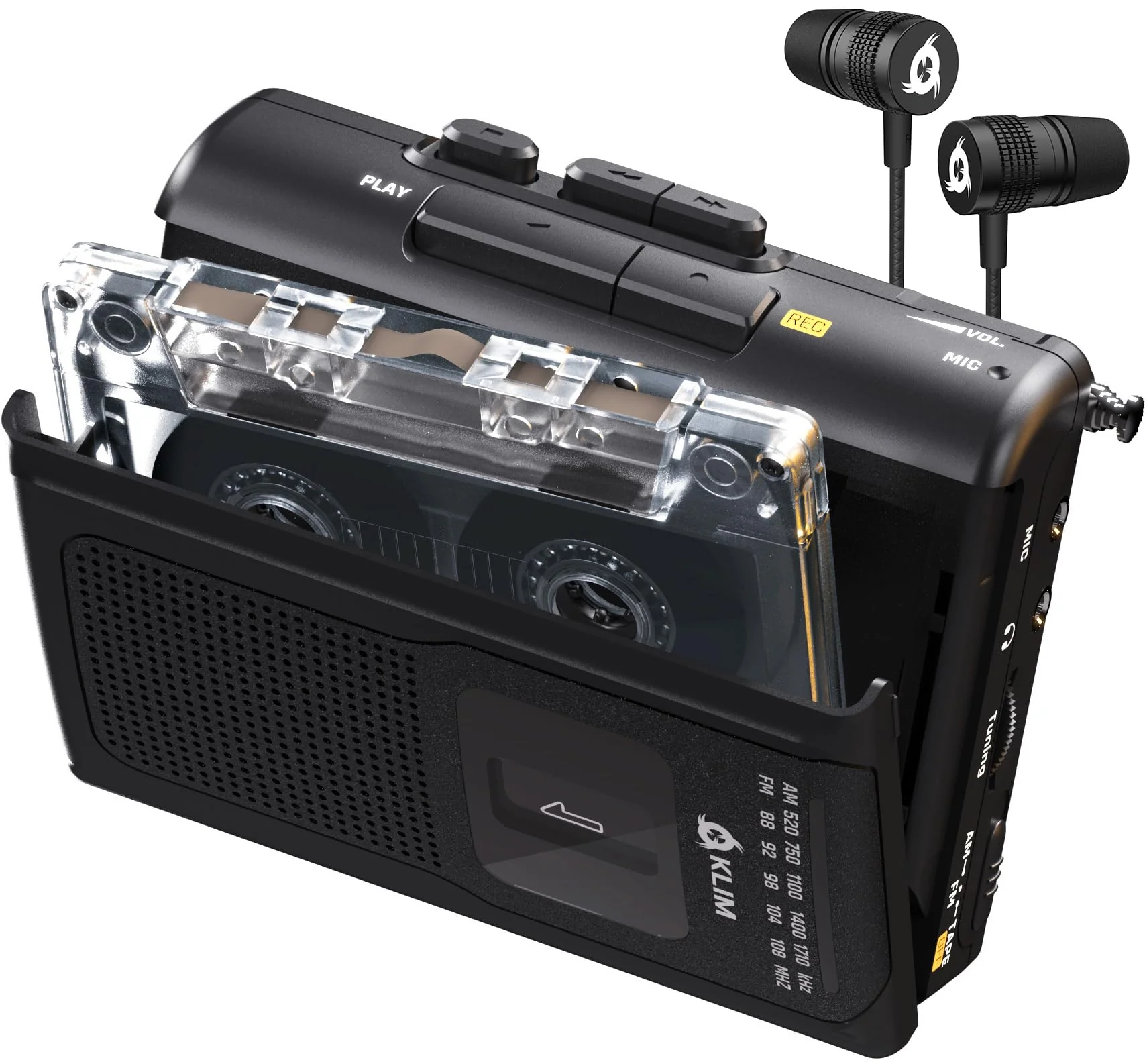 KLIM K8 Cassette Tape Player Portable with F1 Headphones - Cassette Recorder - New Version - AM/FM Walkman - Built-in Microphone & Speaker - Headphone Jack & Earphones - Black Black Wih F1