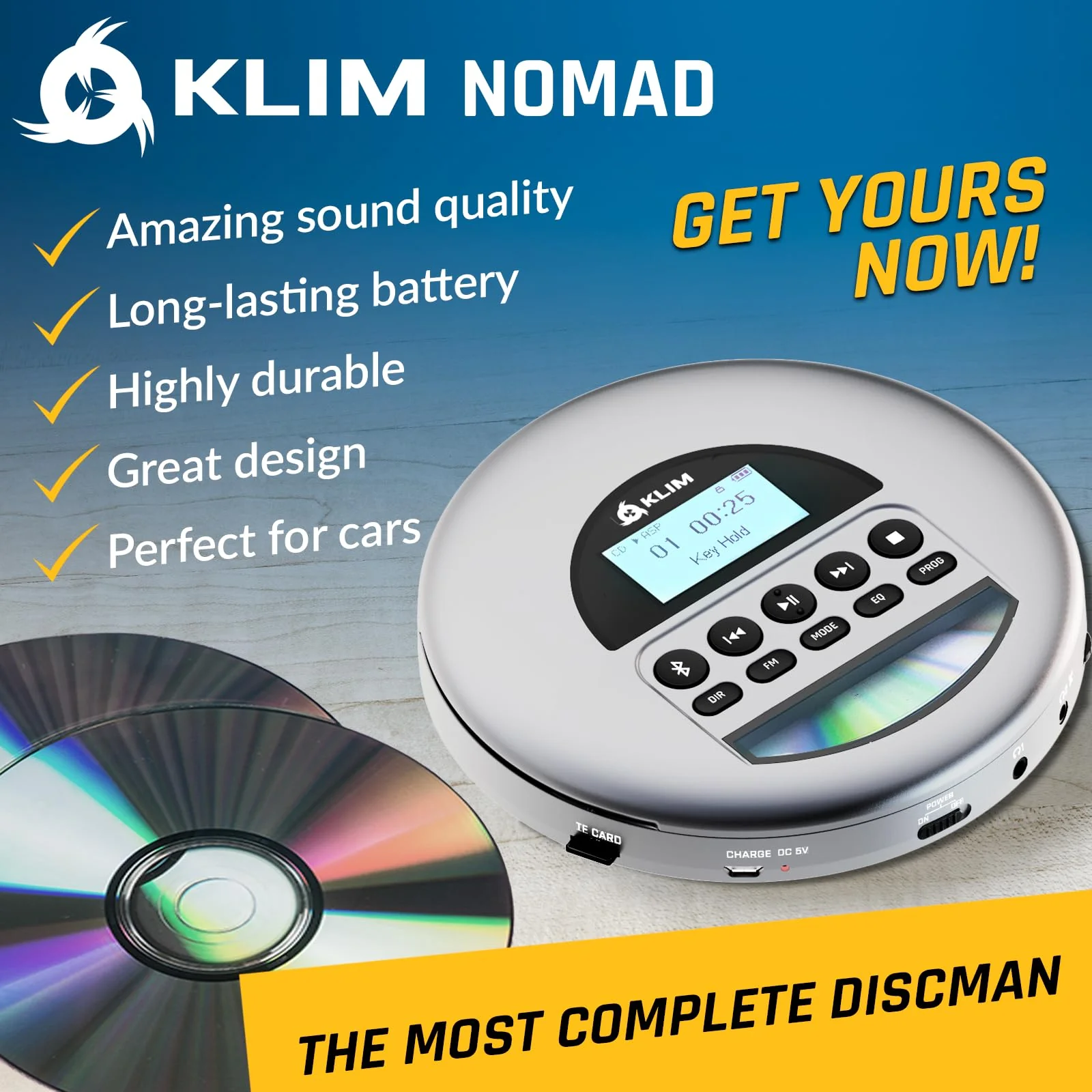 KLIM Nomad - New Version - Portable CD Player Walkman with Long-Lasting Battery - with Headphones - Radio FM - Compatible MP3 CD Player Portable - TF Card Radio FM Bluetooth - Ideal for Cars - Grey - Image 2