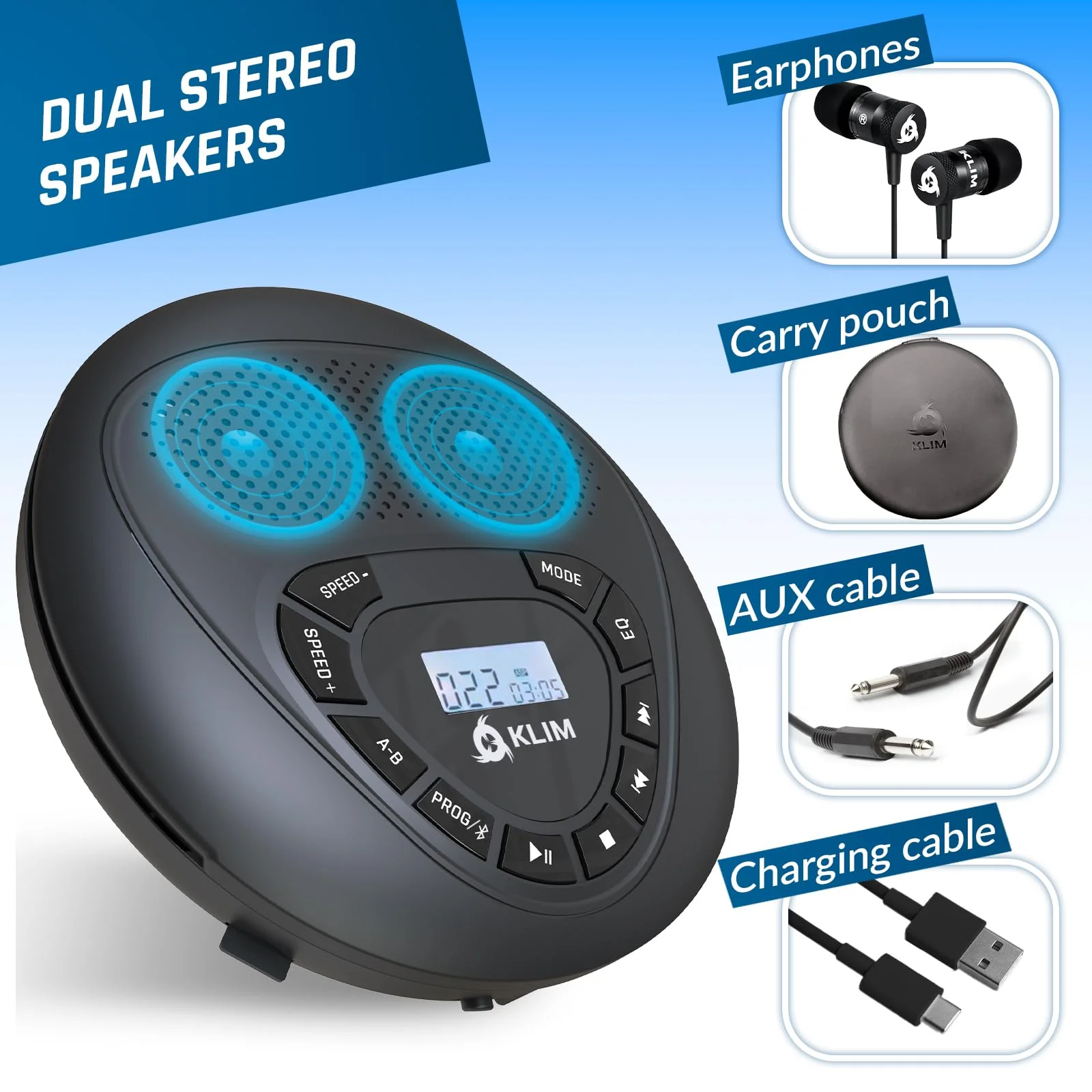 KLIM Speaker + Bluetooth CD Player with Speakers + NEW 2024 + Discman + Rechargeable Battery + Portable CD Player with Headphones + CD Player Portable + SD Card + AUX + Ideal for Car, Home With Bluetooth - Image 3
