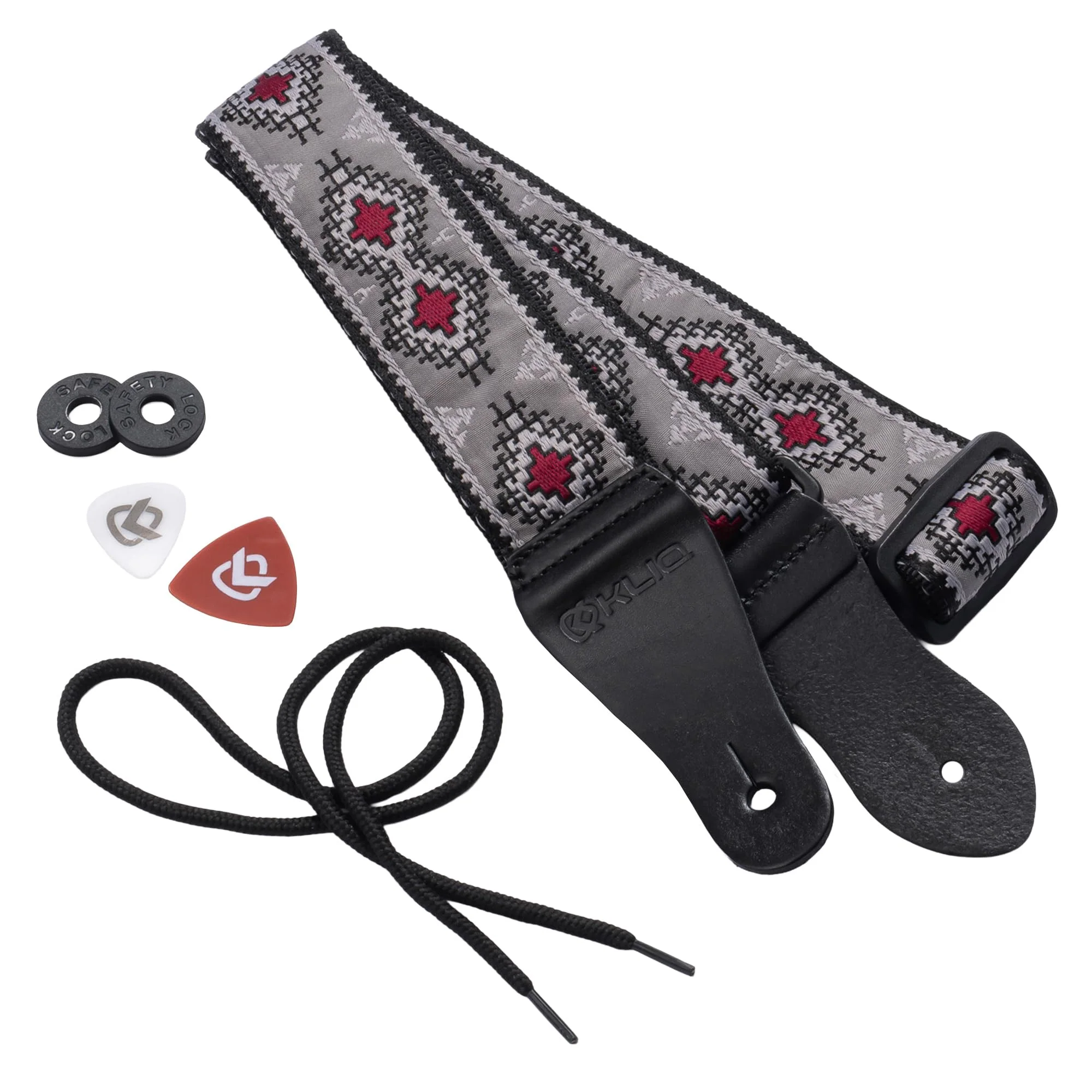 KLIQ Vintage Woven Guitar Strap for Acoustic and Electric Guitars + 2 Free Rubber Strap Locks, 2 Free Guitar Picks and 1 Free Lace | '60s Jacquard Weave Hootenanny Style | Navajo Gray/Wine Regular Navajo Gray & Wine