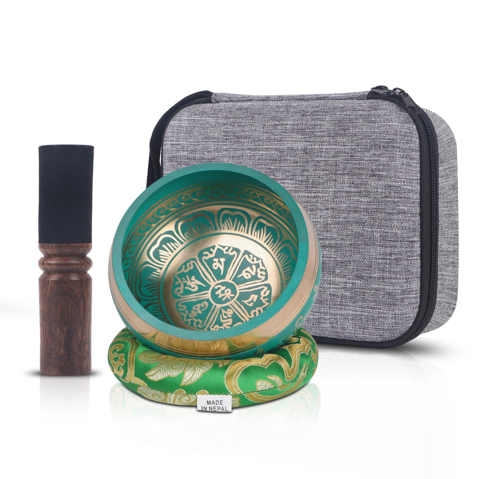 Kmise Tibetan Singing Bowls Set- Handmade in Nepal Meditation Sound Bowls for Yoga, Meditation, Mindfulness, Healing and Chakra Balancing, Stress Relief (5', Green) 5inch Green Golden Flower
