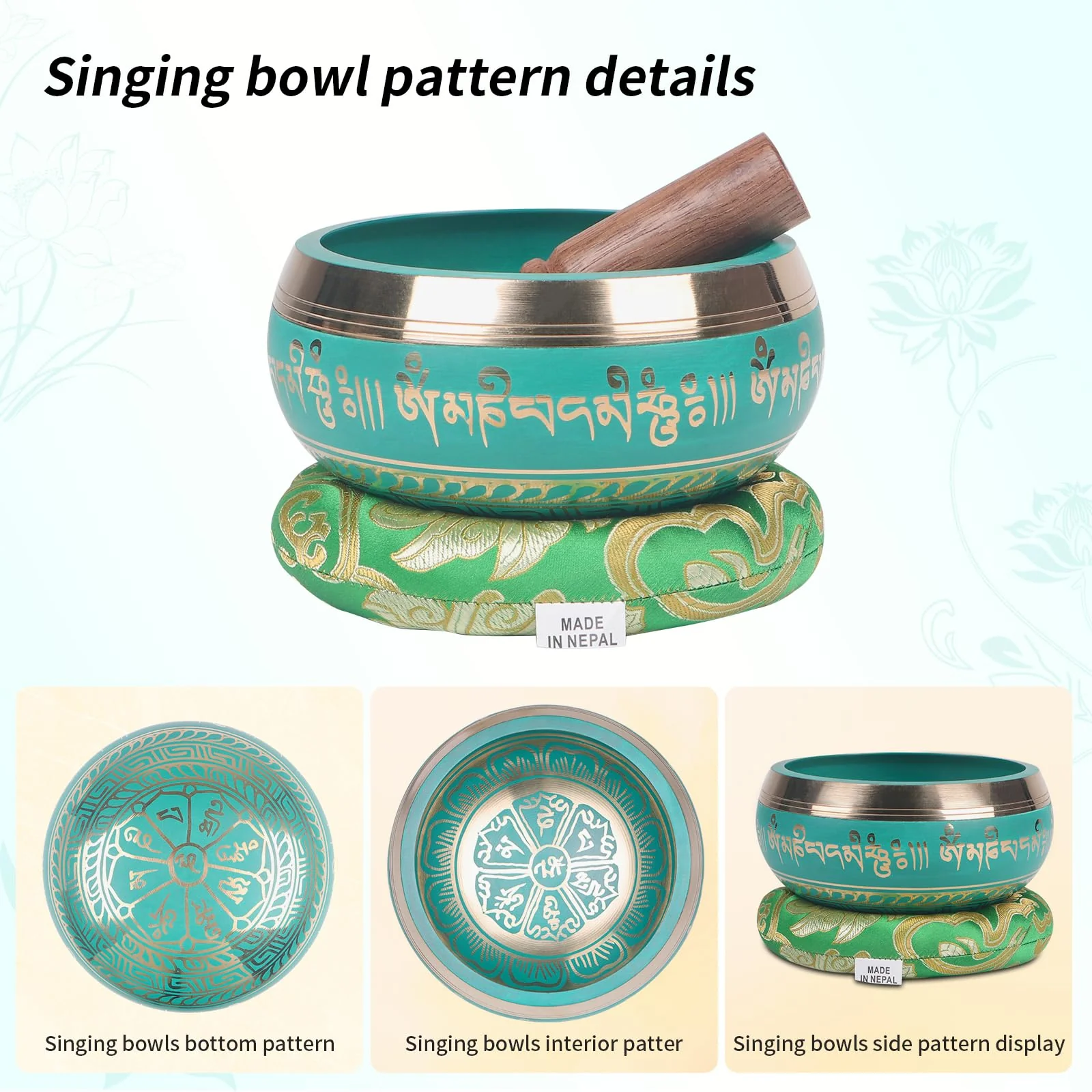Kmise Tibetan Singing Bowls Set- Handmade in Nepal Meditation Sound Bowls for Yoga, Meditation, Mindfulness, Healing and Chakra Balancing, Stress Relief (5', Green) 5inch Green Golden Flower - Image 3