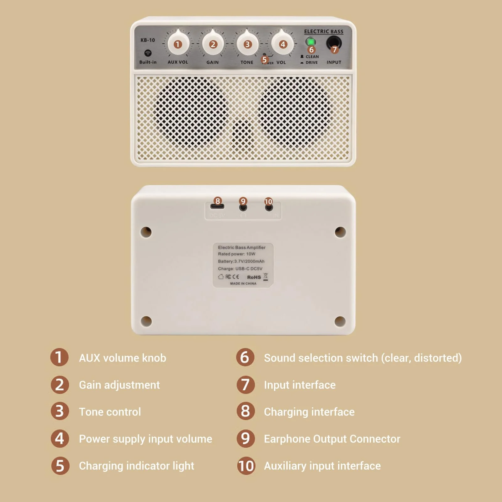 KOKKO KB-10 Bass Amplifier Portable Mini Bluetooth Audio 10W Mini Bass Amplifier Portable Rechargeable Bass Guitar Practice Amplifier - Image 2