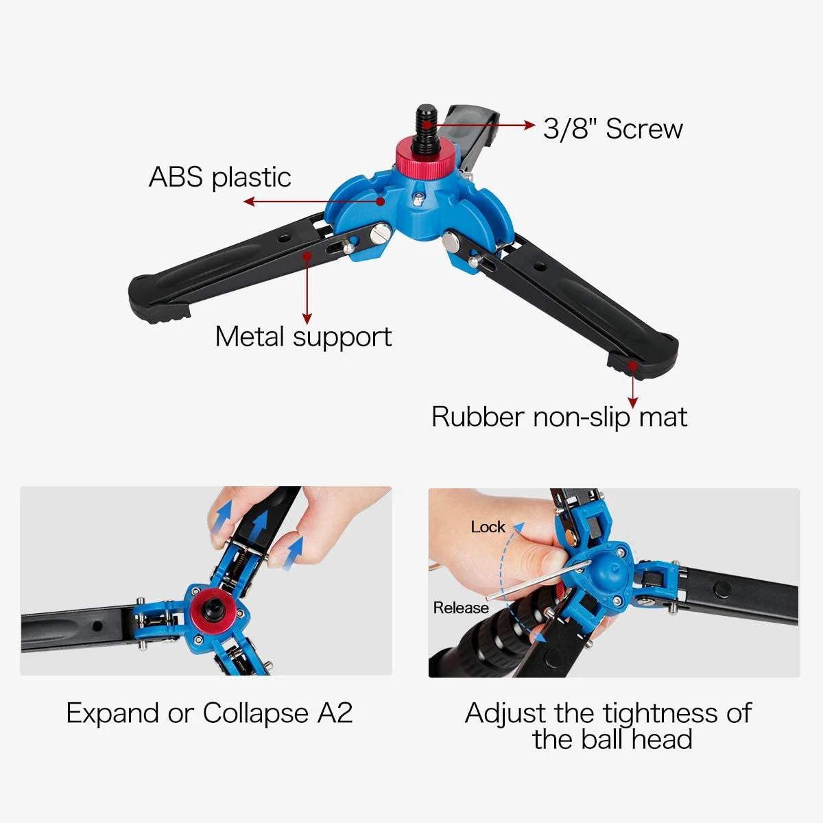 Koolehaoda Mini Tripod,Universal 3 Legs Monopod Base Stand Unipod Support with 3/8" Screw for Monopods Ballhead - A2 - Image 4
